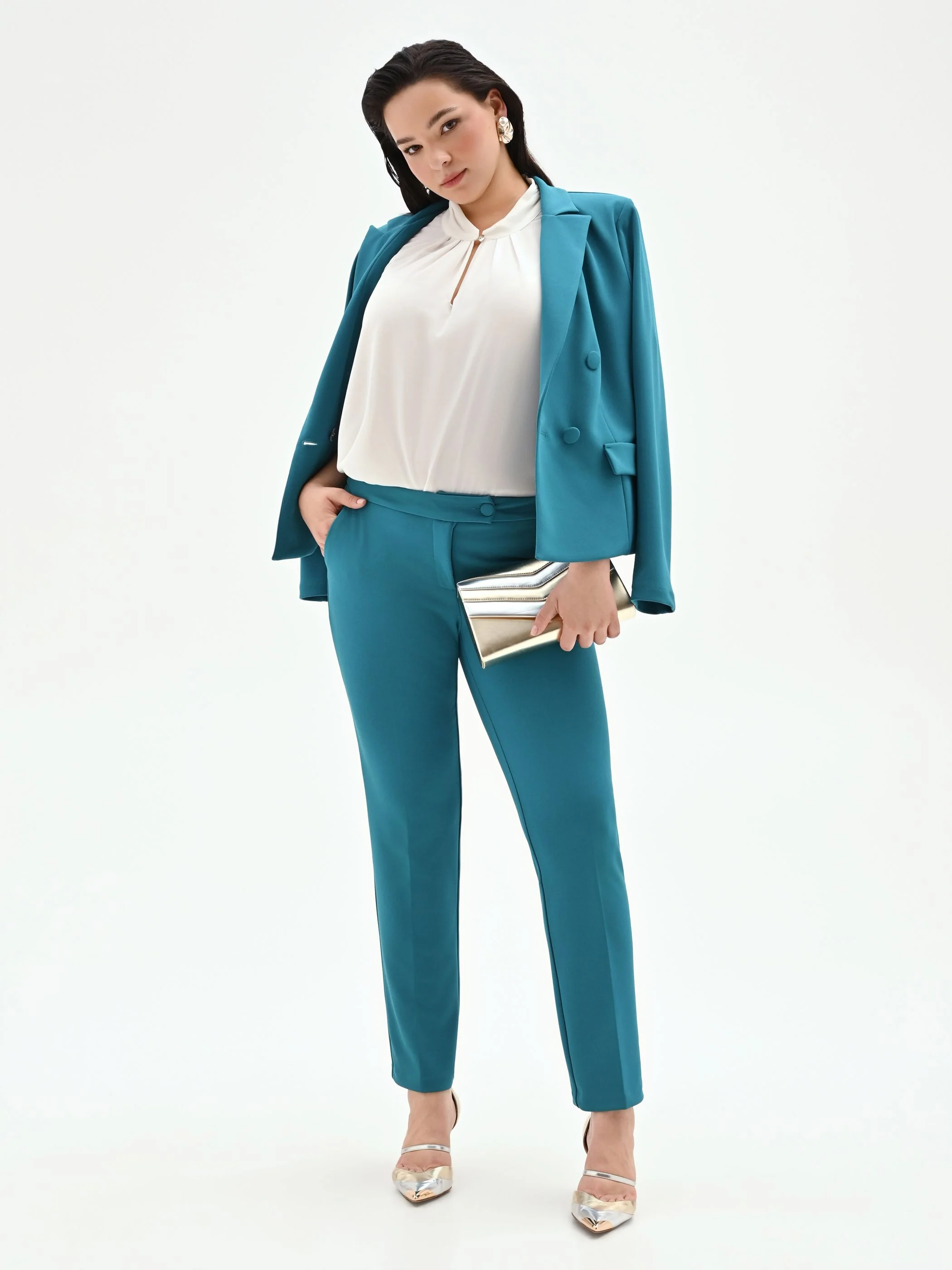 Pantalone Curvy blu ottanio con piega in scuba mano crepe - Image 6