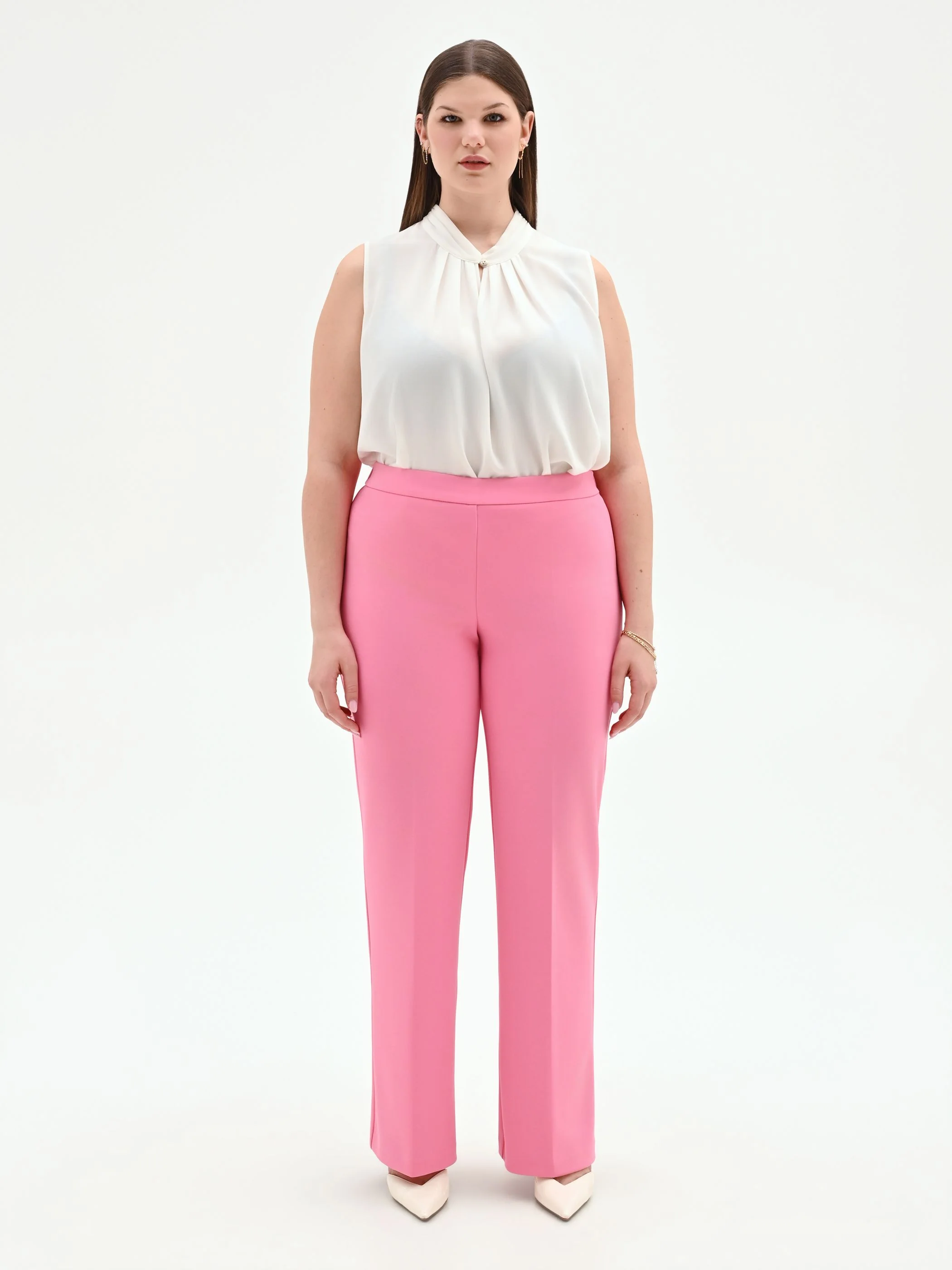 Pantalone Curvy rosa a vita alta in scuba crèpe