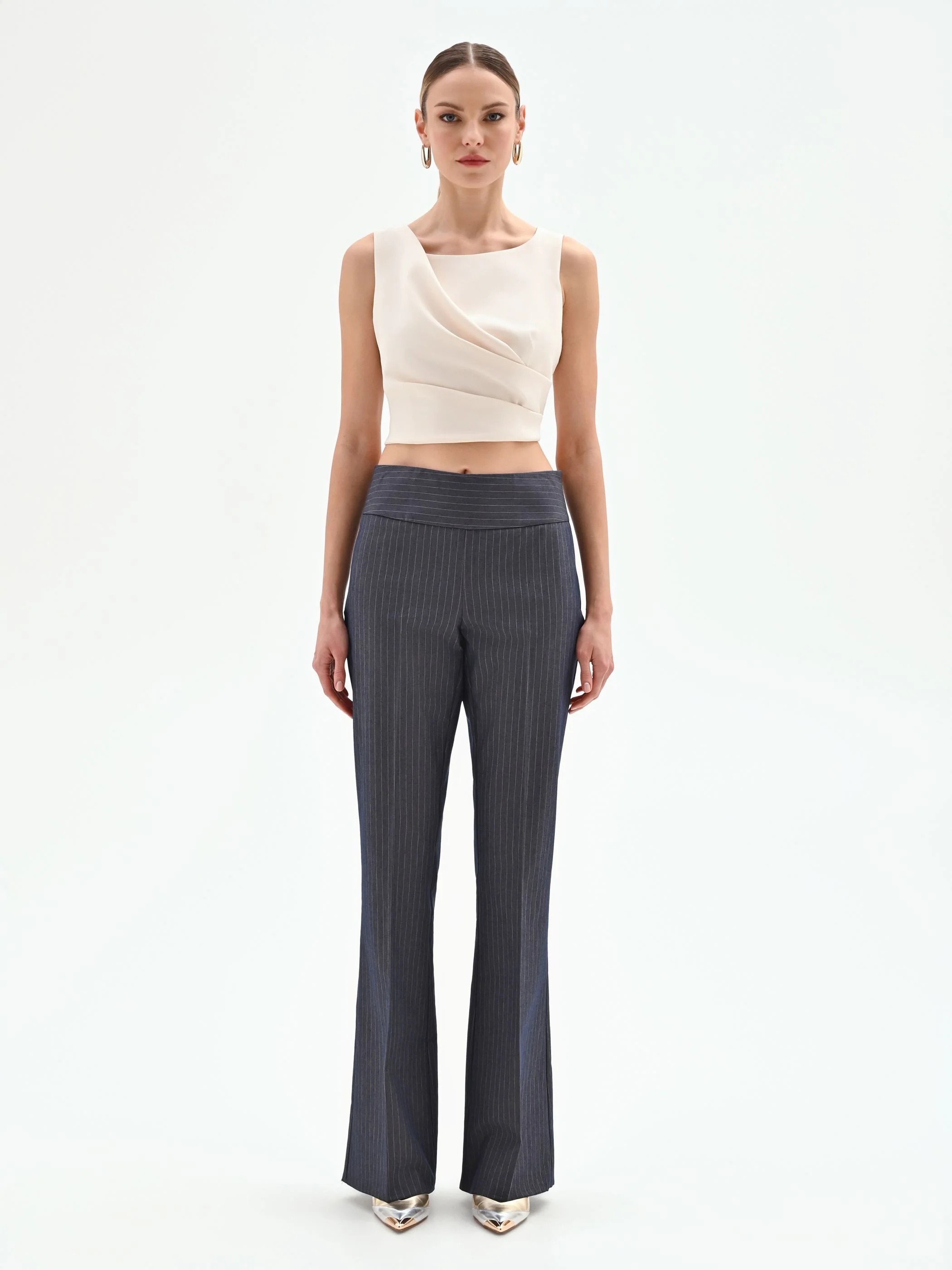 Pantalone gessato blu mid flared