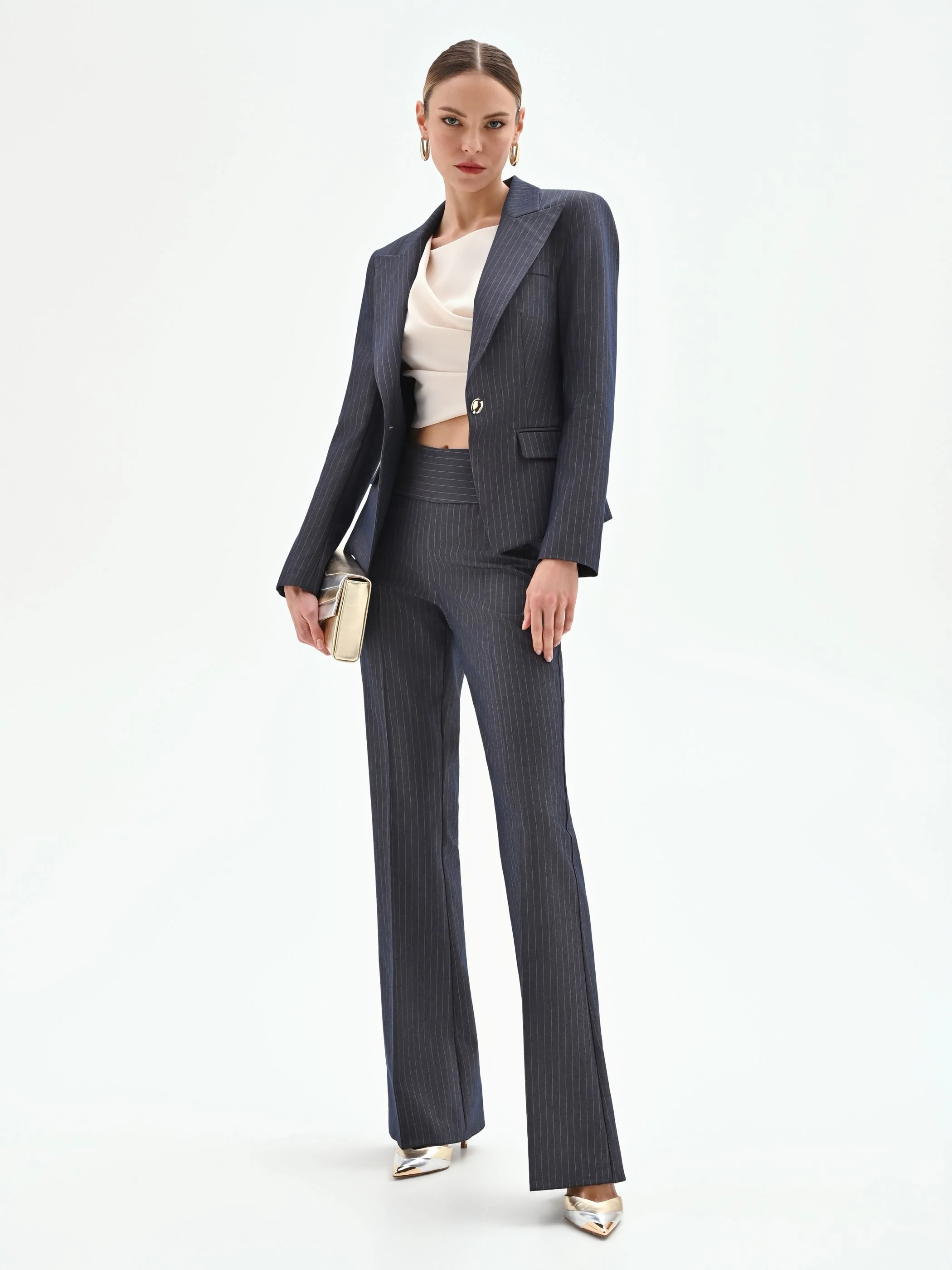 Pantalone gessato blu mid flared - Image 7