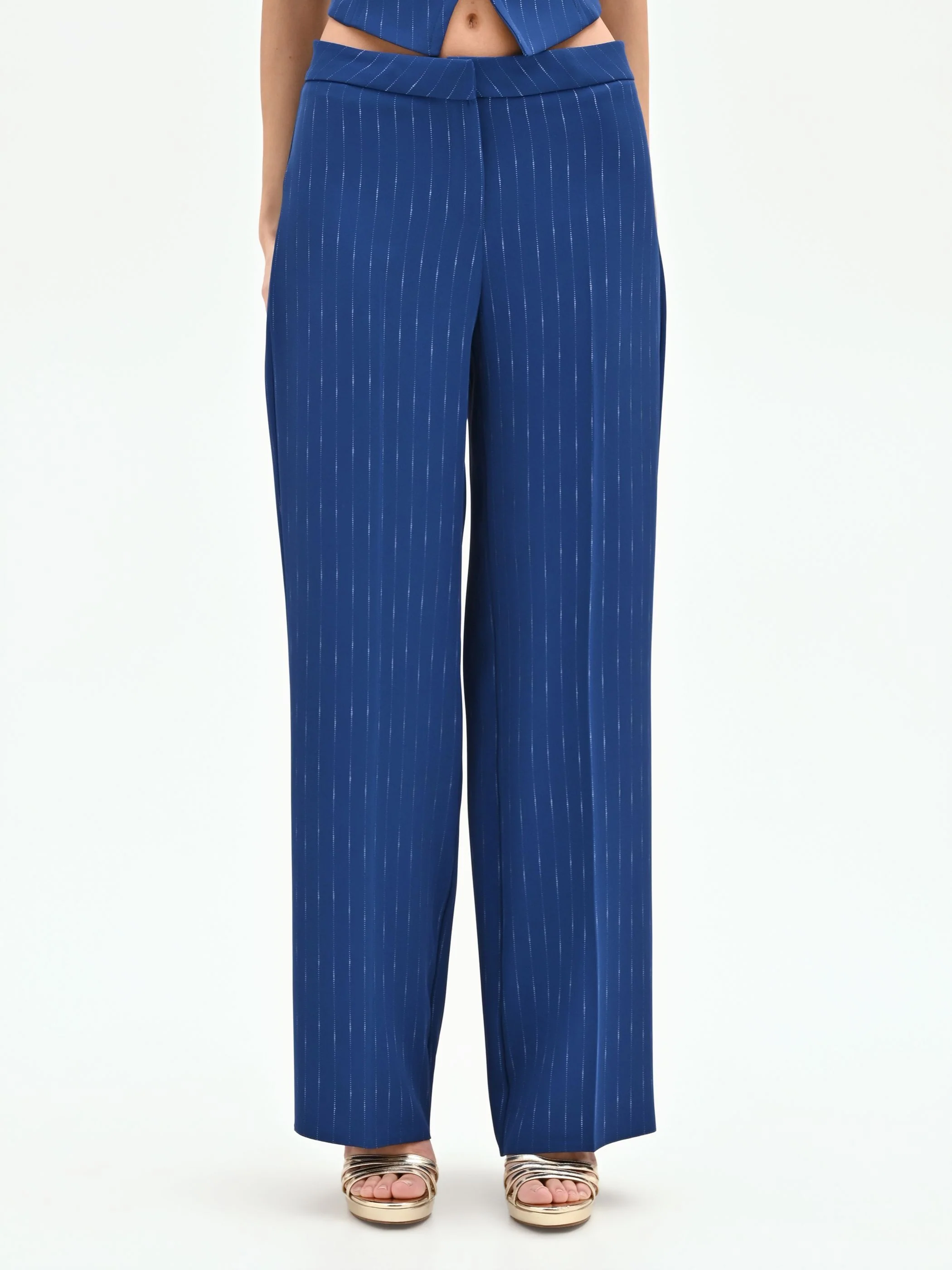 Pantalone gessato gamba ampia blu brillante a vita bassa - Image 2