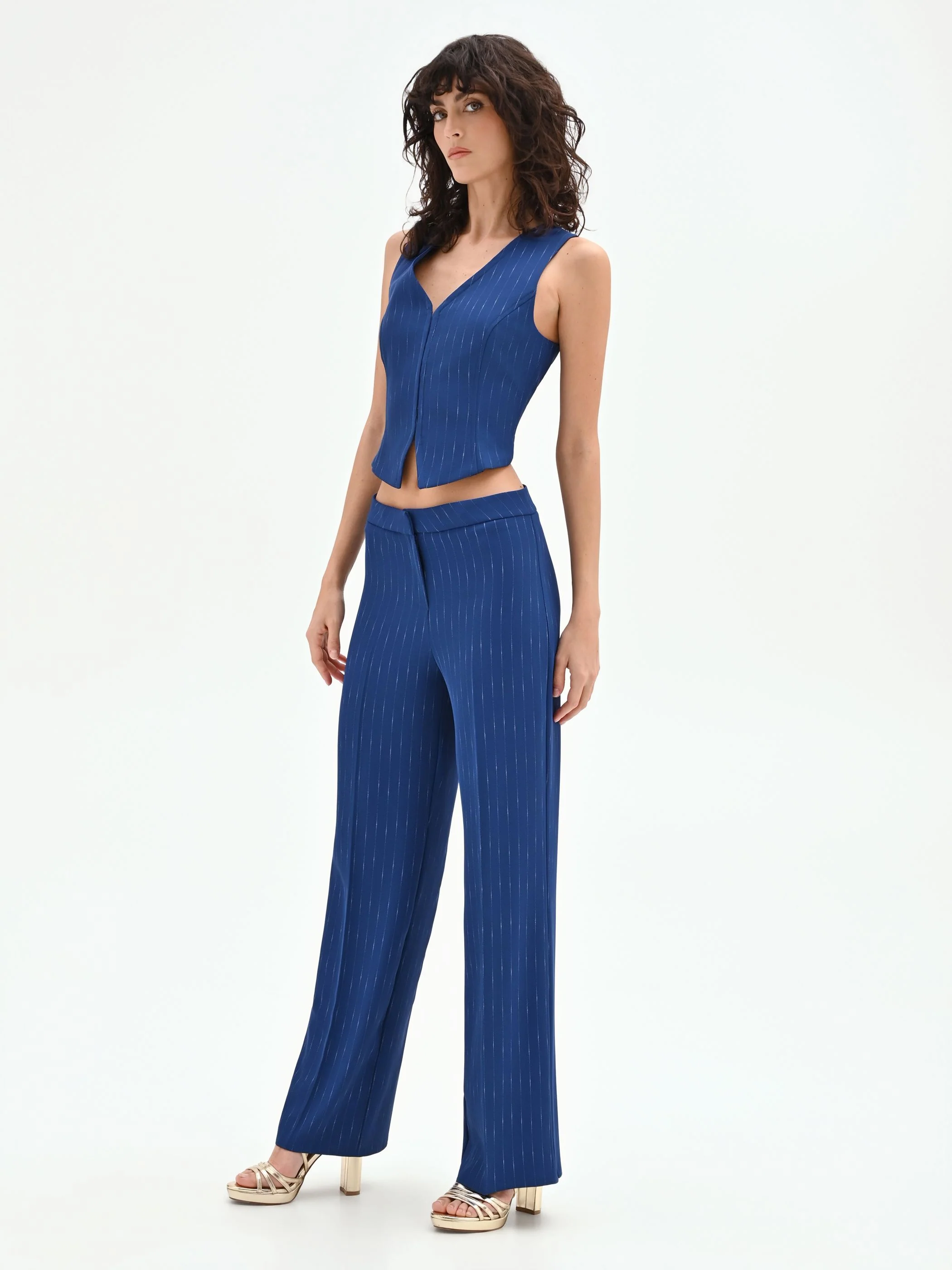 Pantalone gessato gamba ampia blu brillante a vita bassa - Image 5