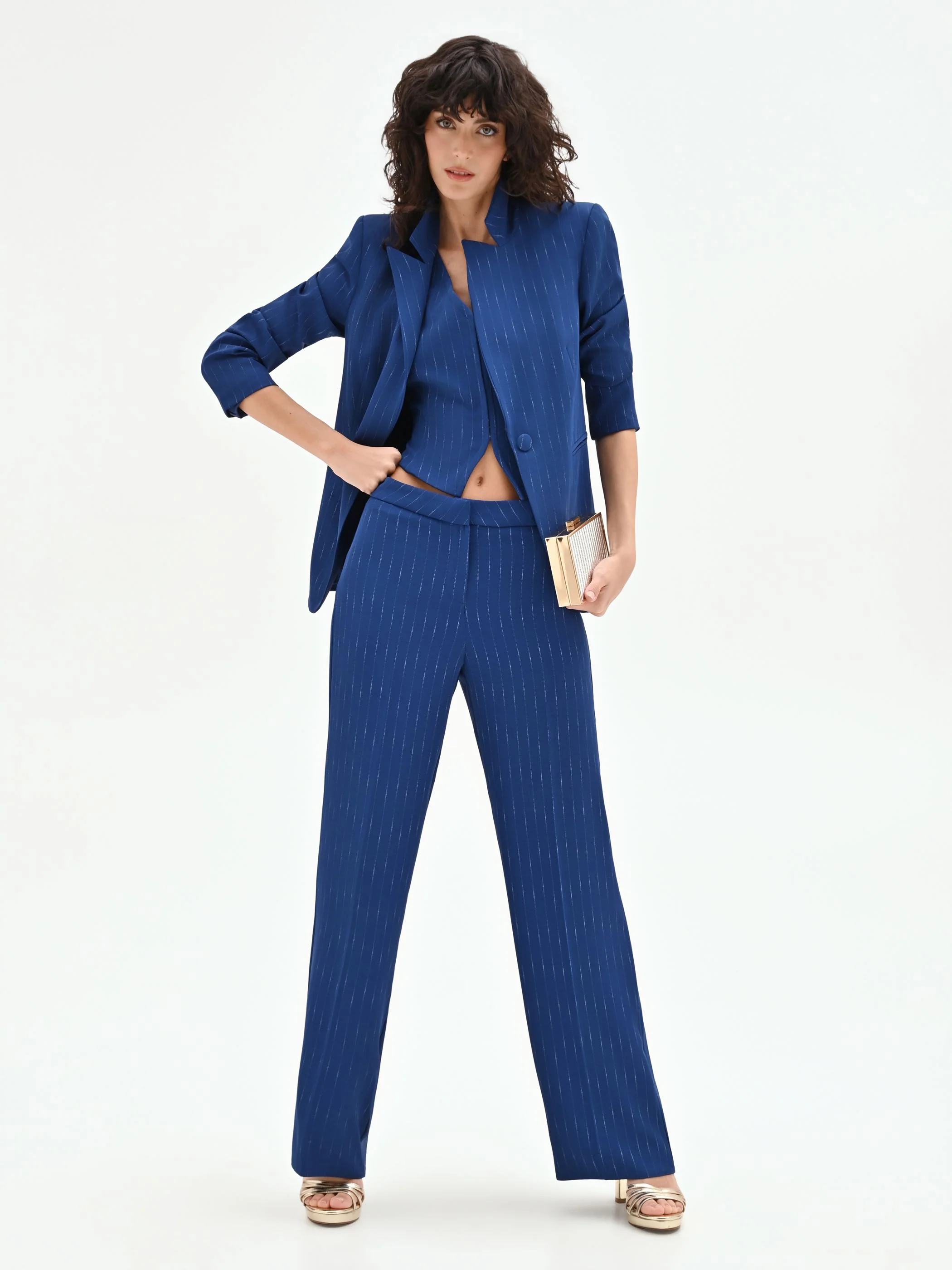 Pantalone gessato gamba ampia blu brillante a vita bassa - Image 7