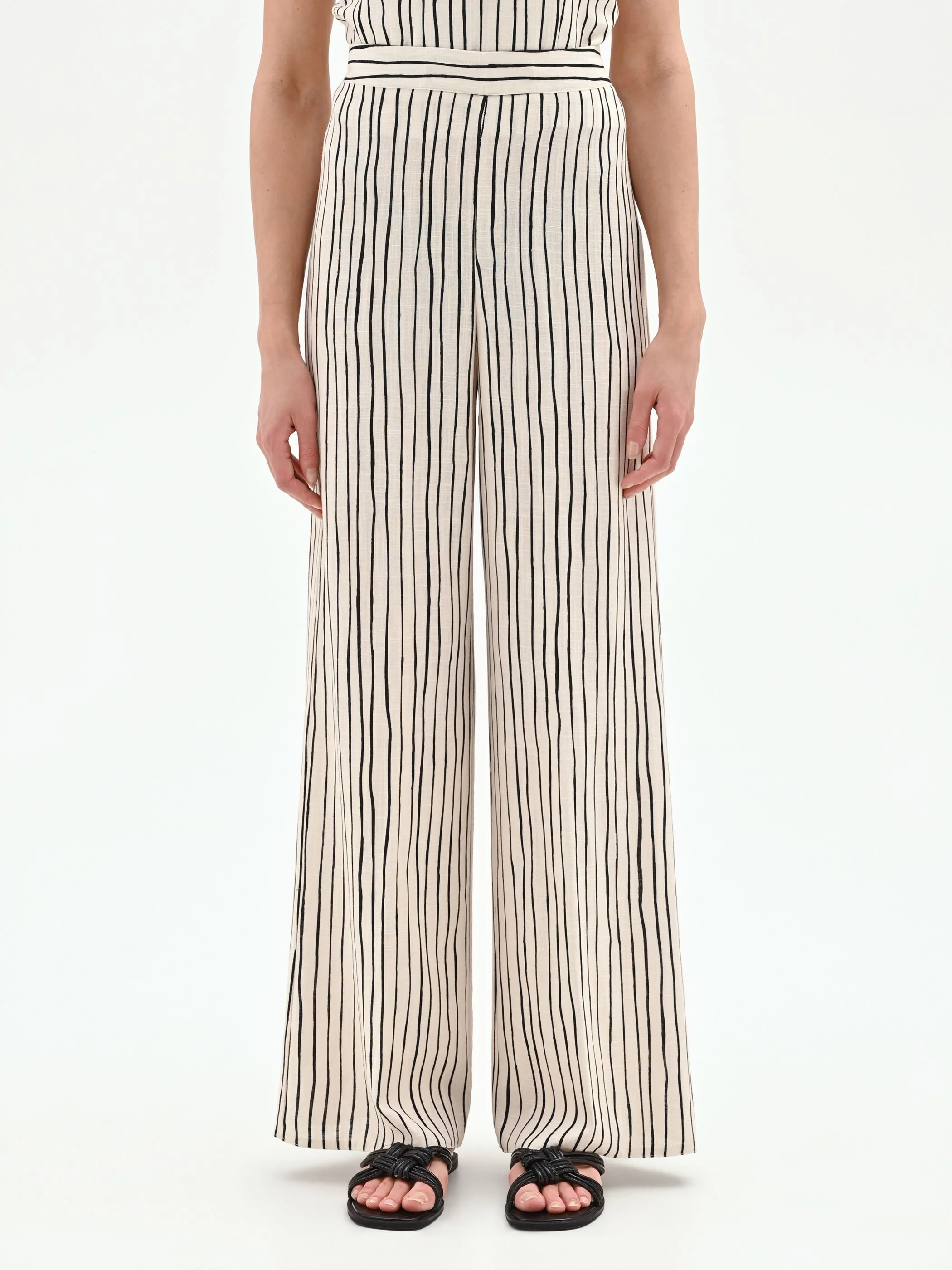 Pantalone in lino panna a palazzo con fantasia a righe - Image 2