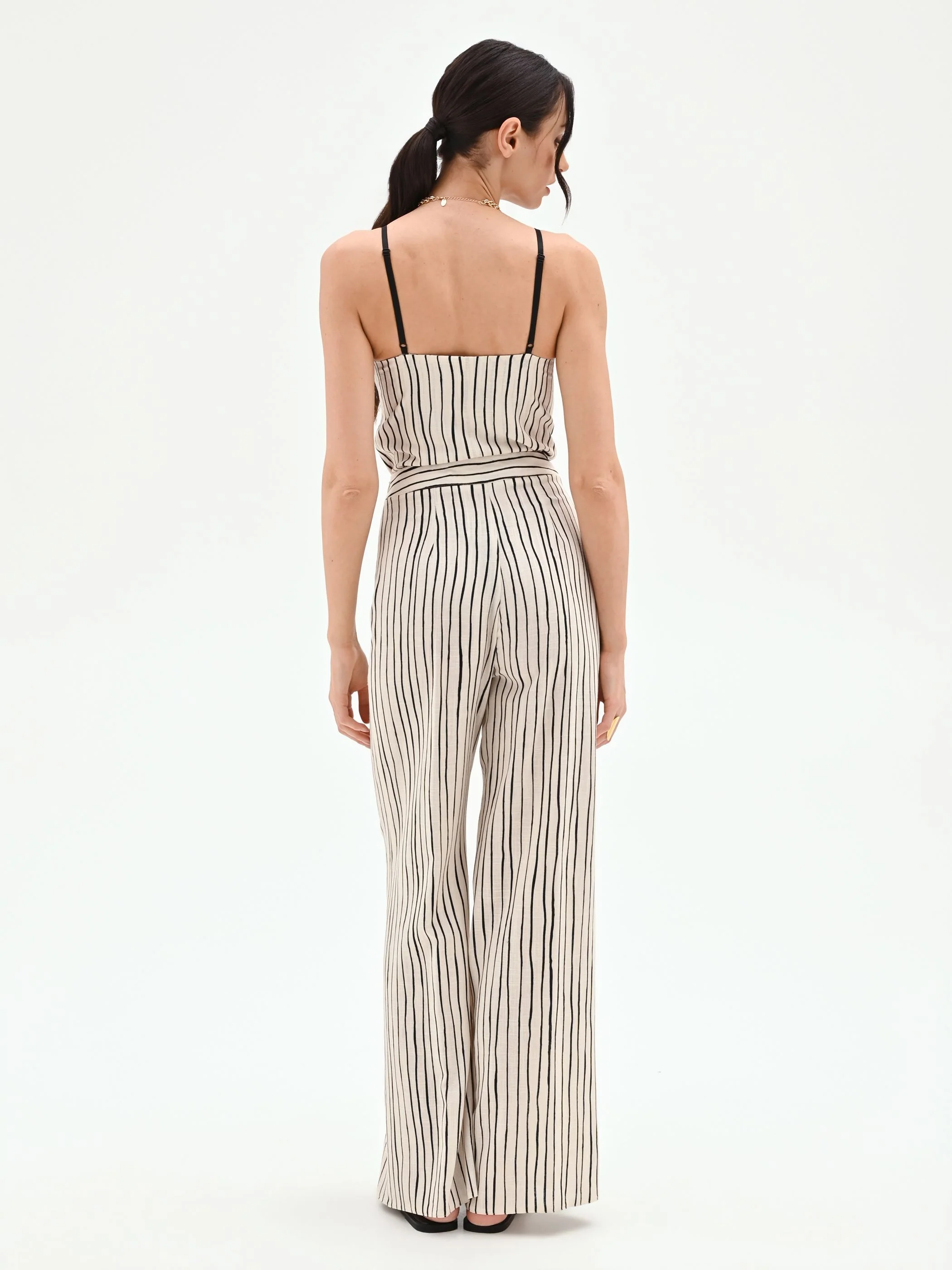Pantalone in lino panna a palazzo con fantasia a righe - Image 3
