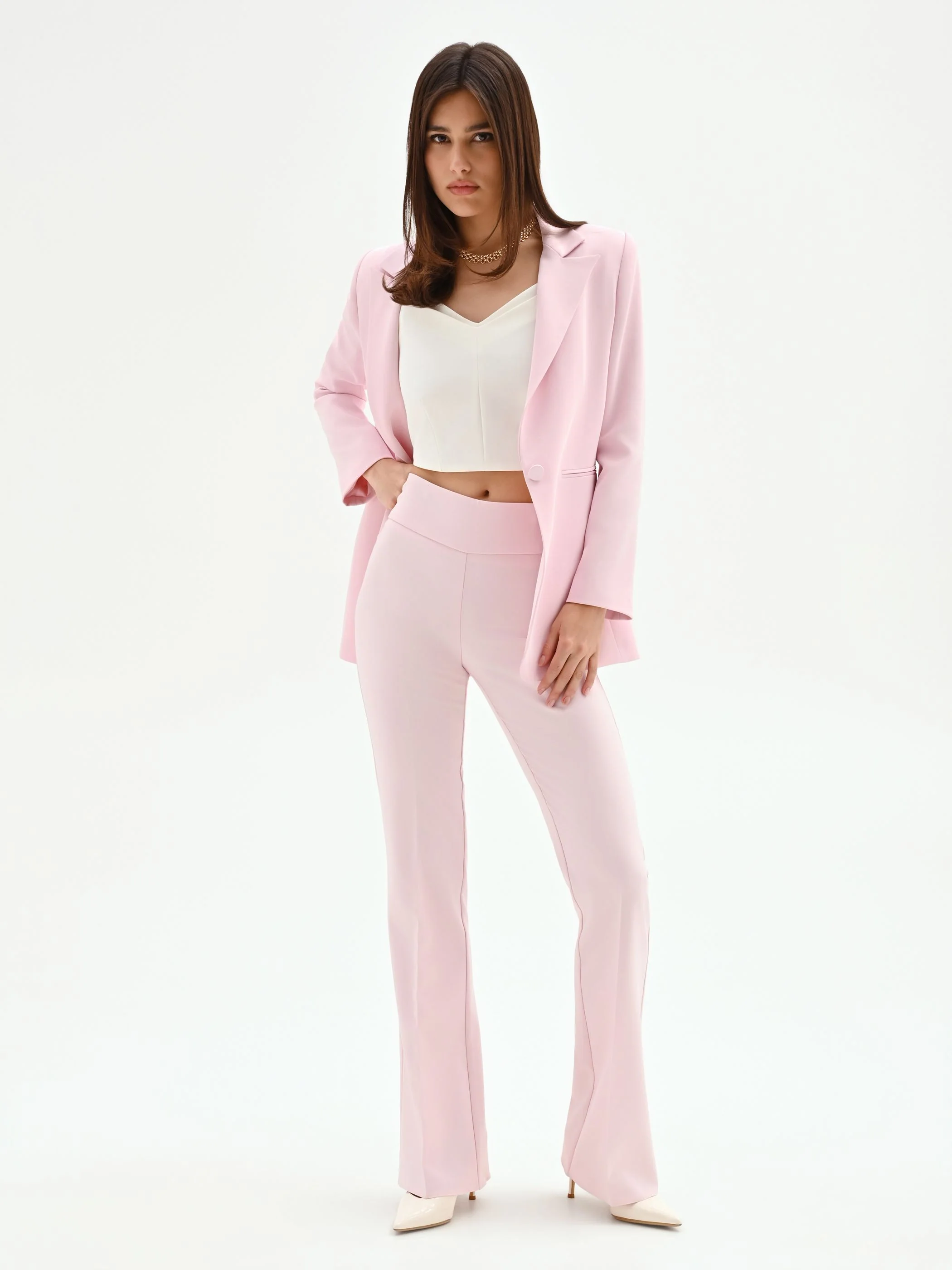 Pantalone mid flared rosa pastello a vita alta - Image 6