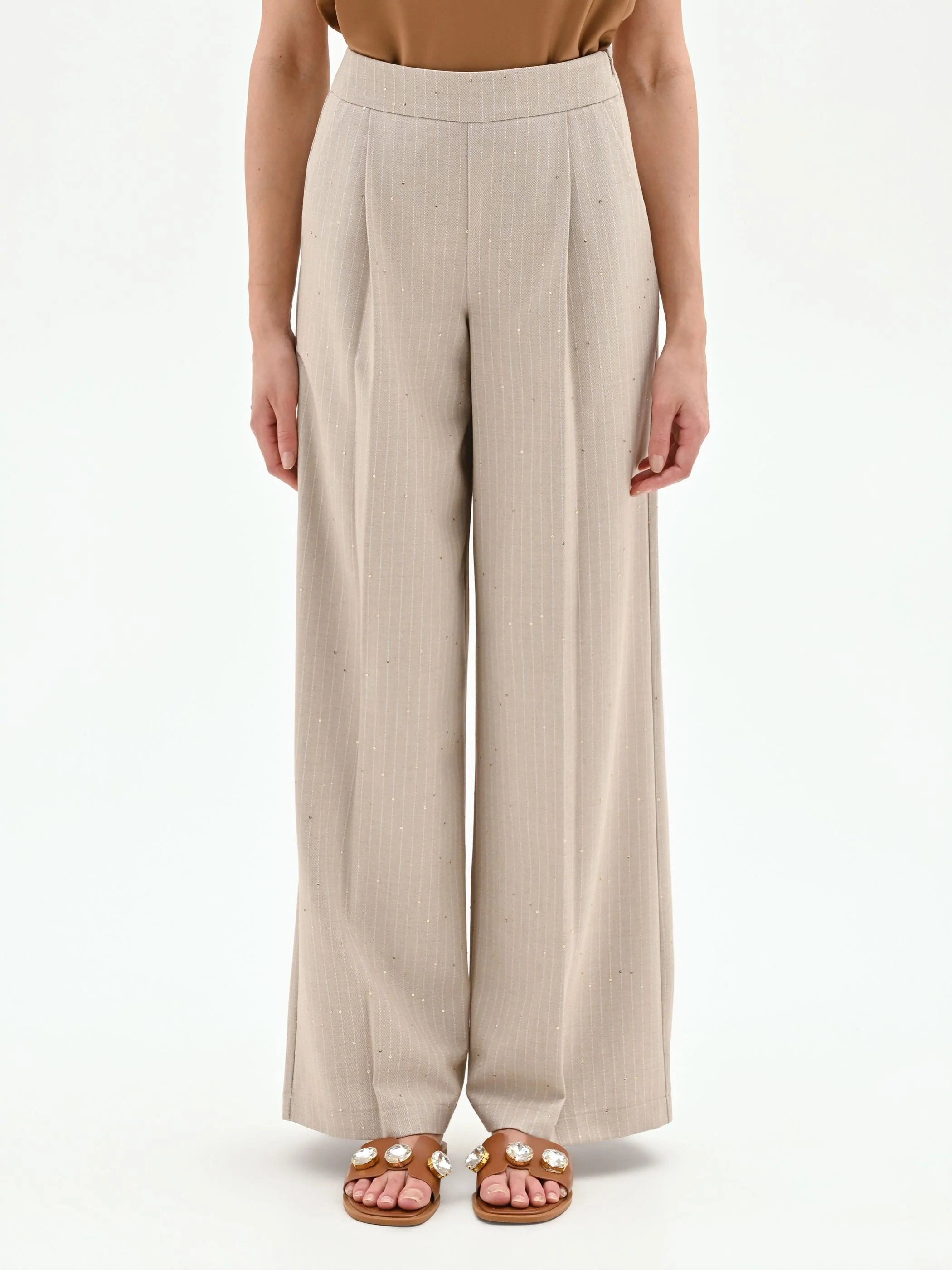 Pantalone palazzo beige gessato con punti luce - Image 2