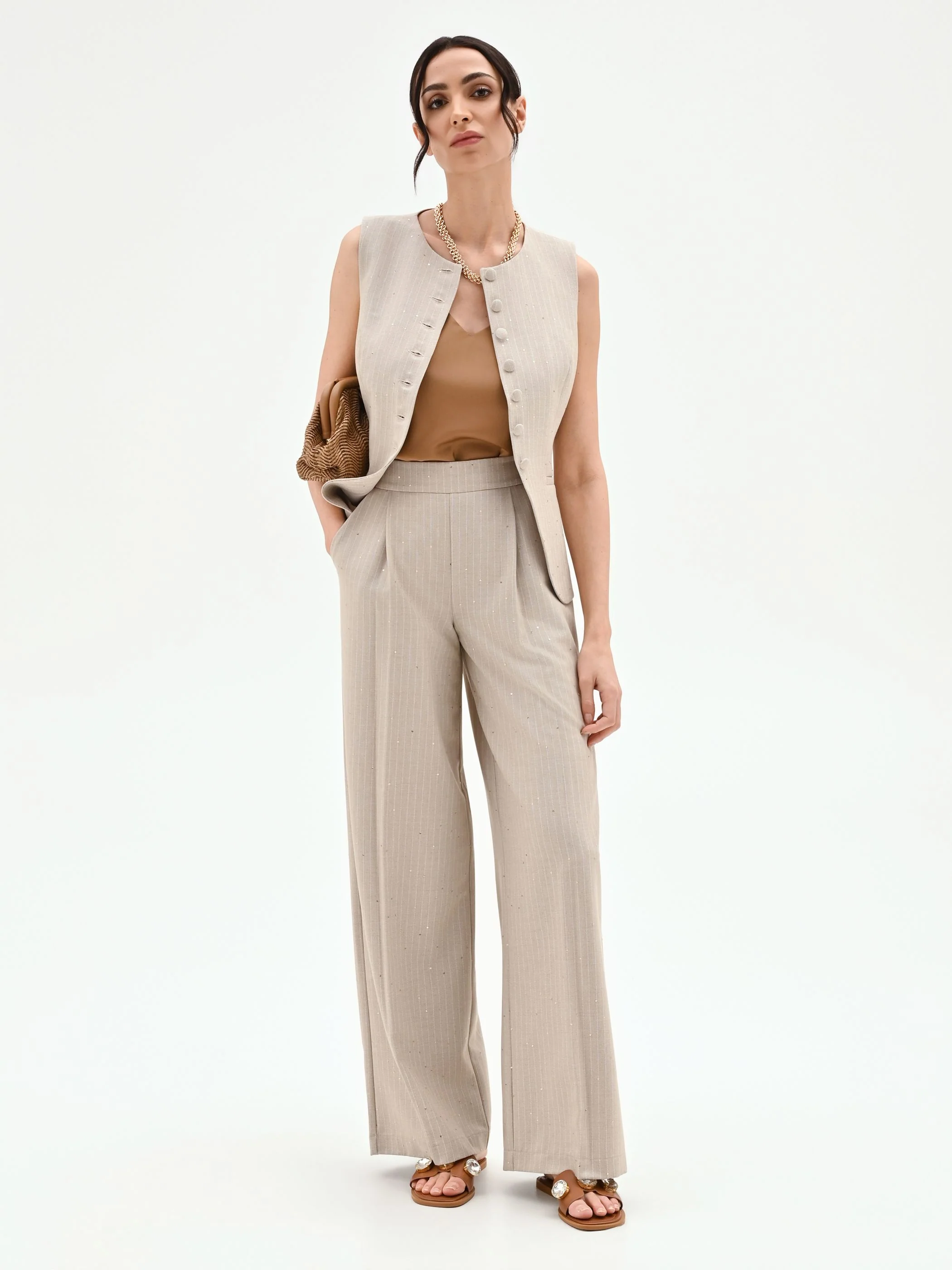 Pantalone palazzo beige gessato con punti luce - Image 6