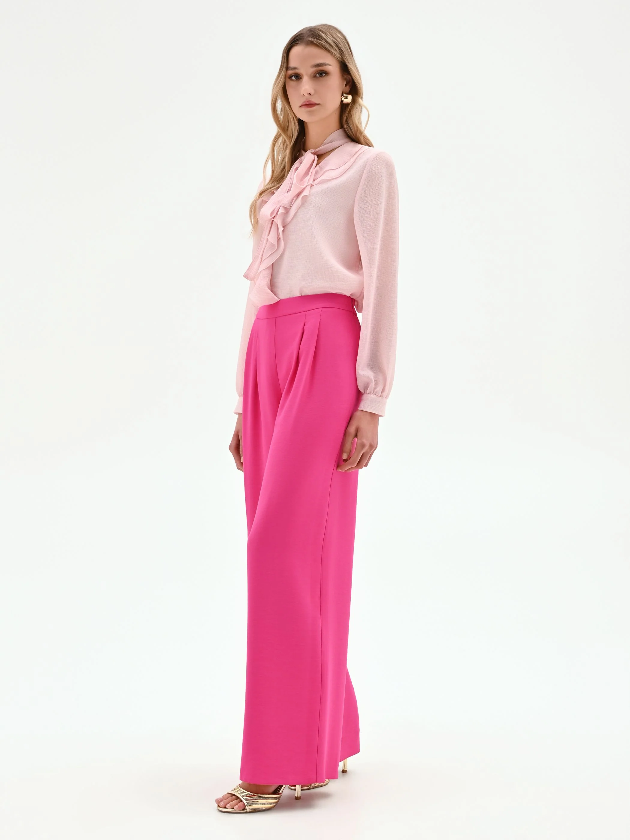Pantalone palazzo fucsia a vita alta in poliviscosa - Image 4