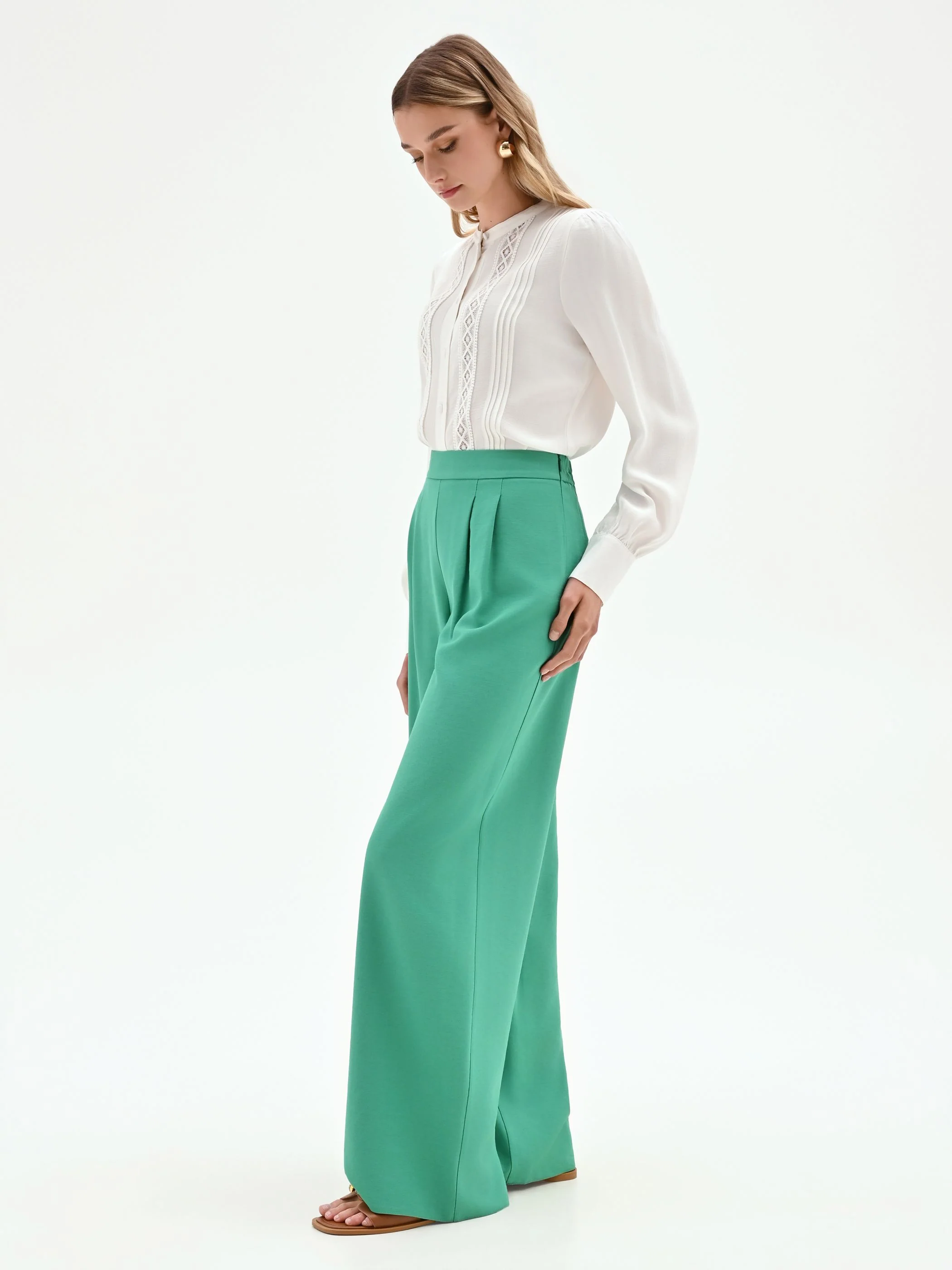 Pantalone palazzo verde a vita alta in poliviscosa - Image 2
