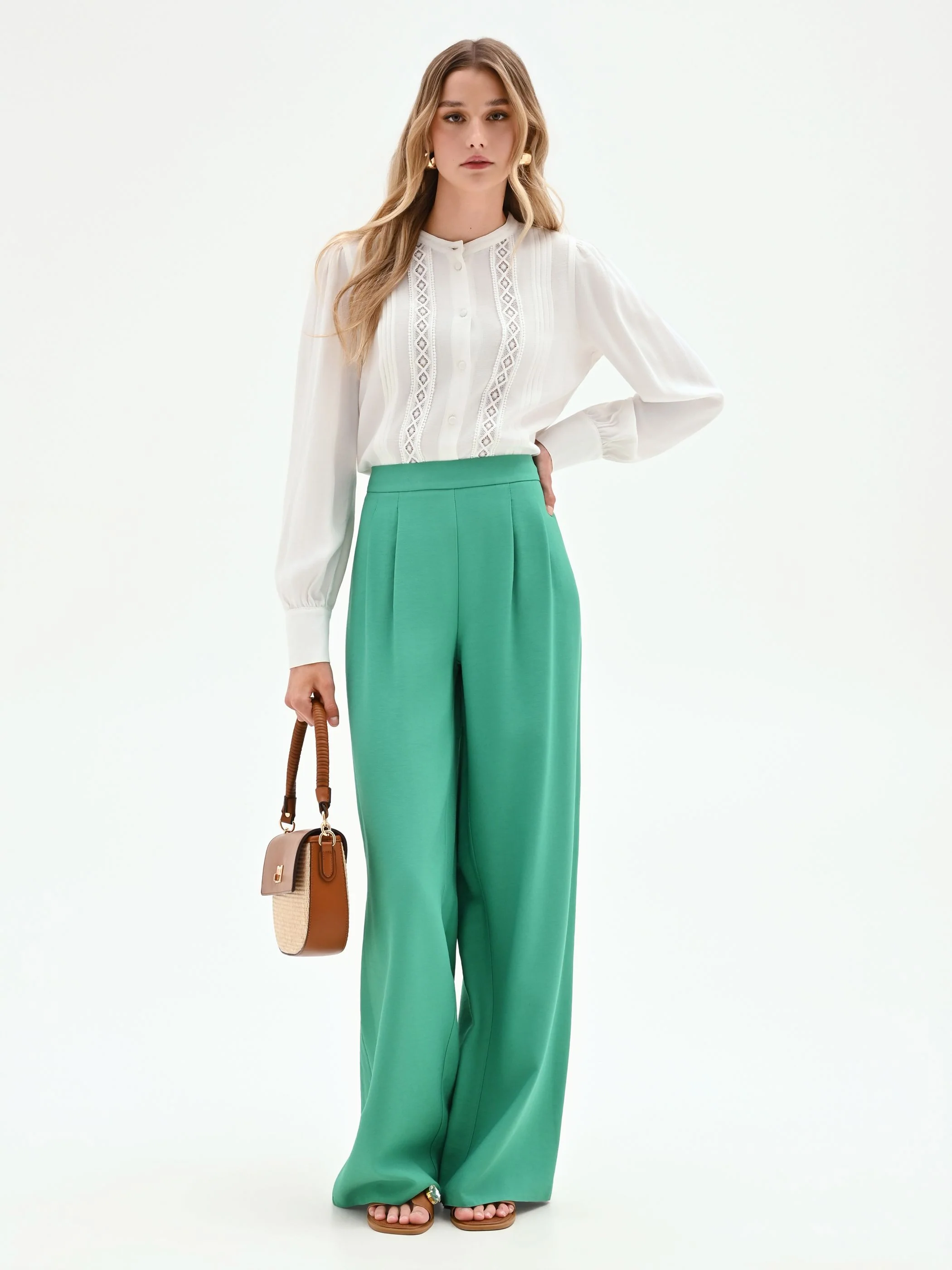 Pantalone palazzo verde a vita alta in poliviscosa - Image 6