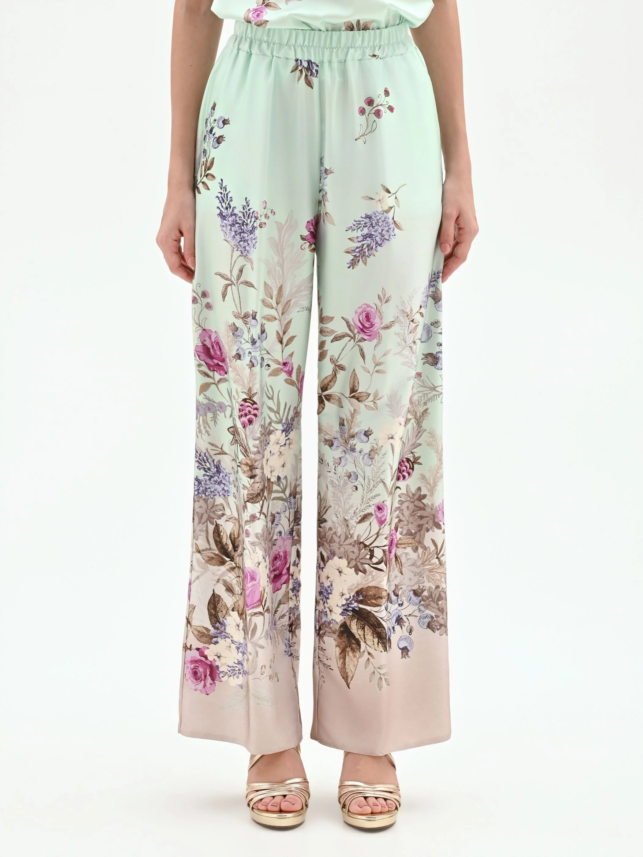 Pantalone palazzo verde menta in raso con stampa botanica - Image 2