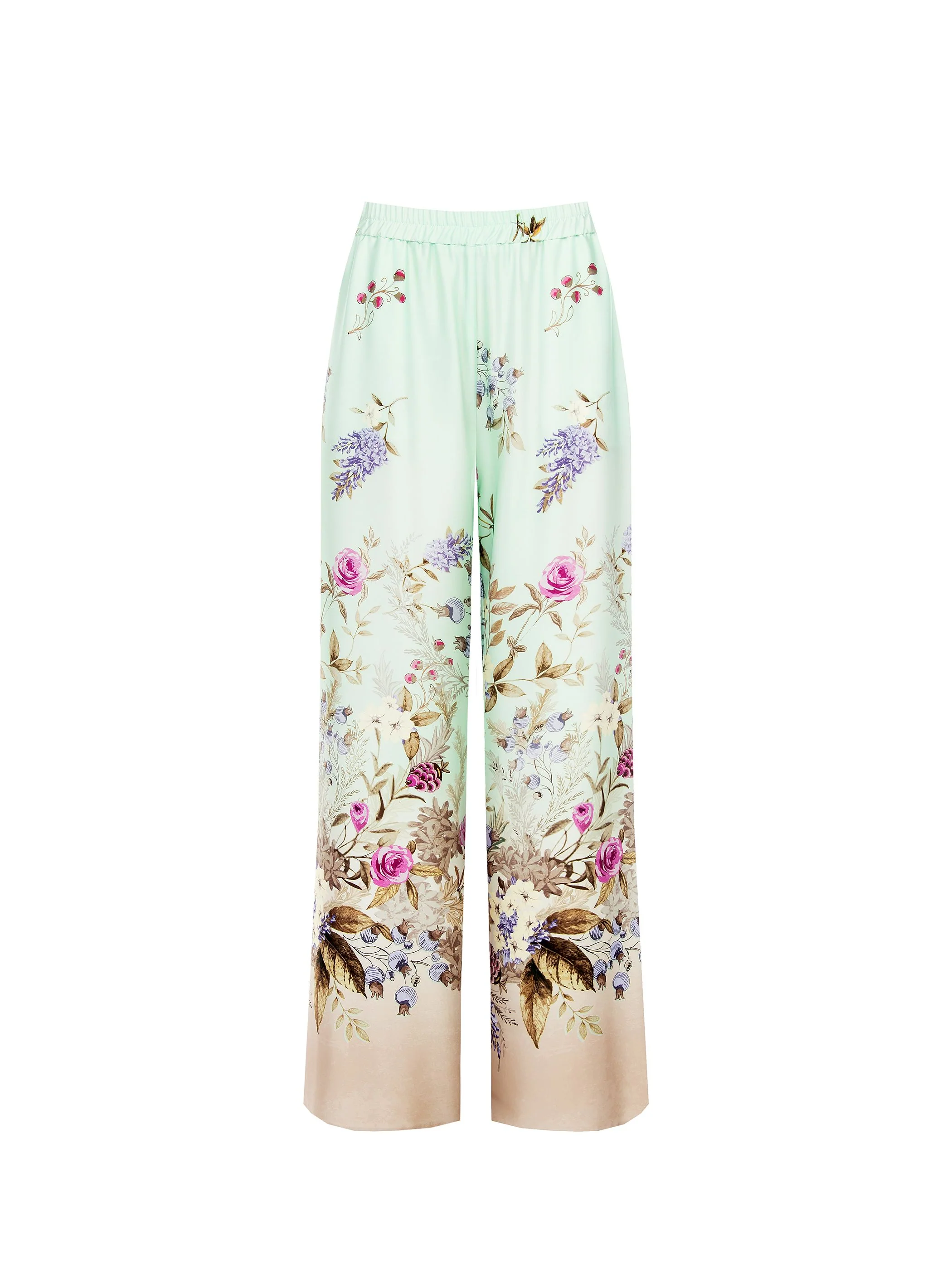 Pantalone palazzo verde menta in raso con stampa botanica - Image 6