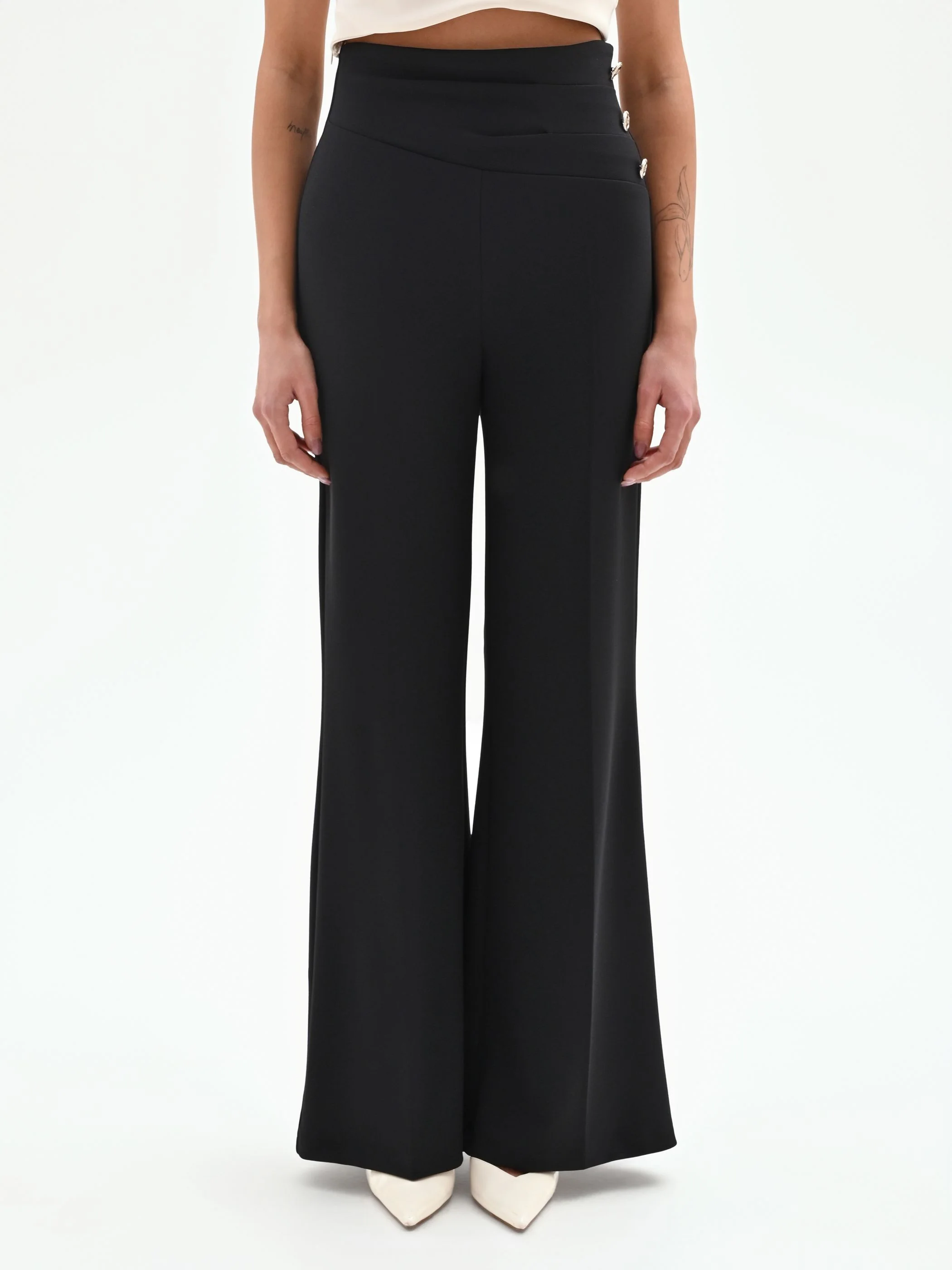 Pantalone Palazzo Vita Alta Nero con Bottoni - Image 5