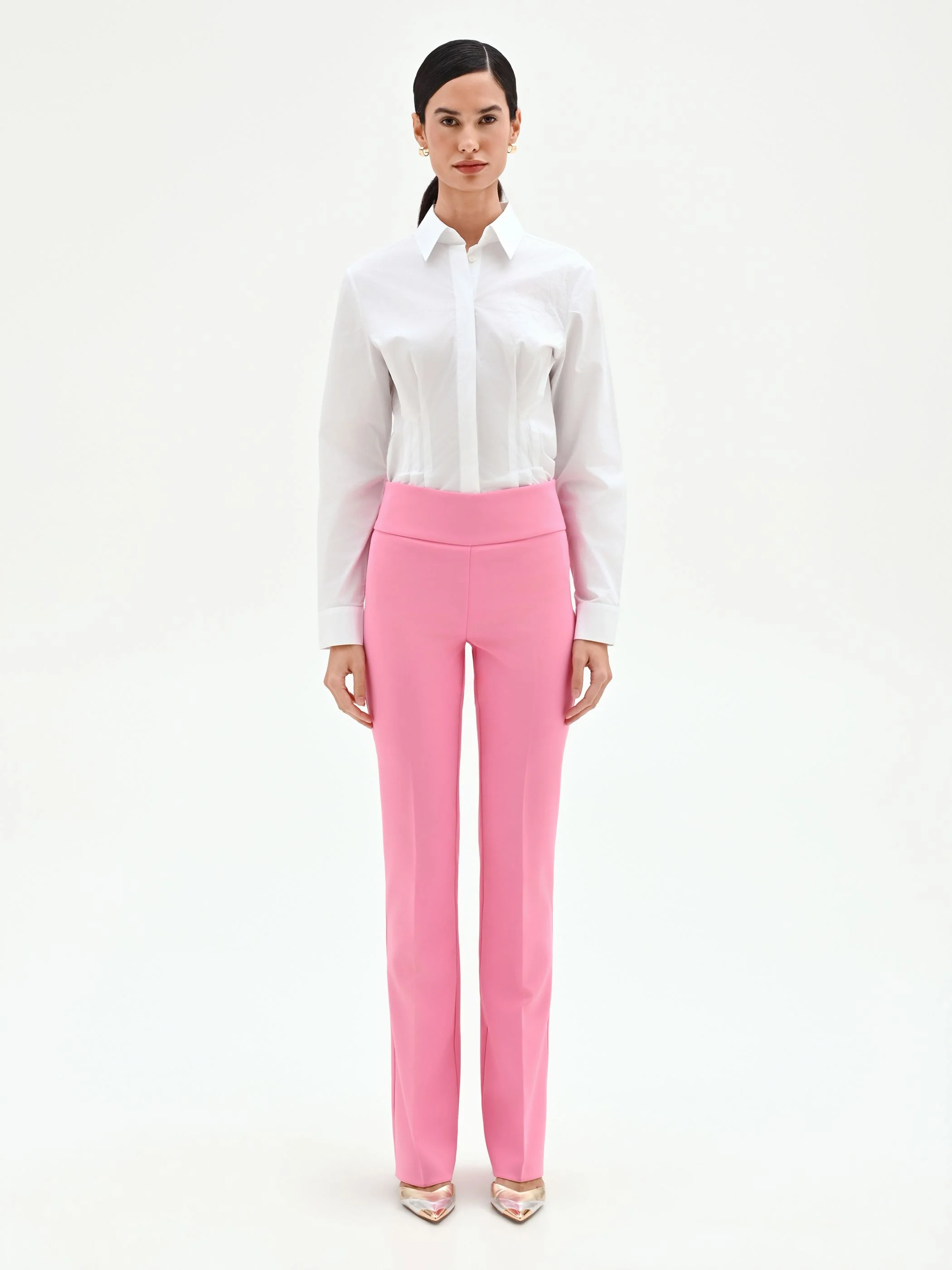 Pantalone rosa mid flared a vita alta con piega stirata - Image 3