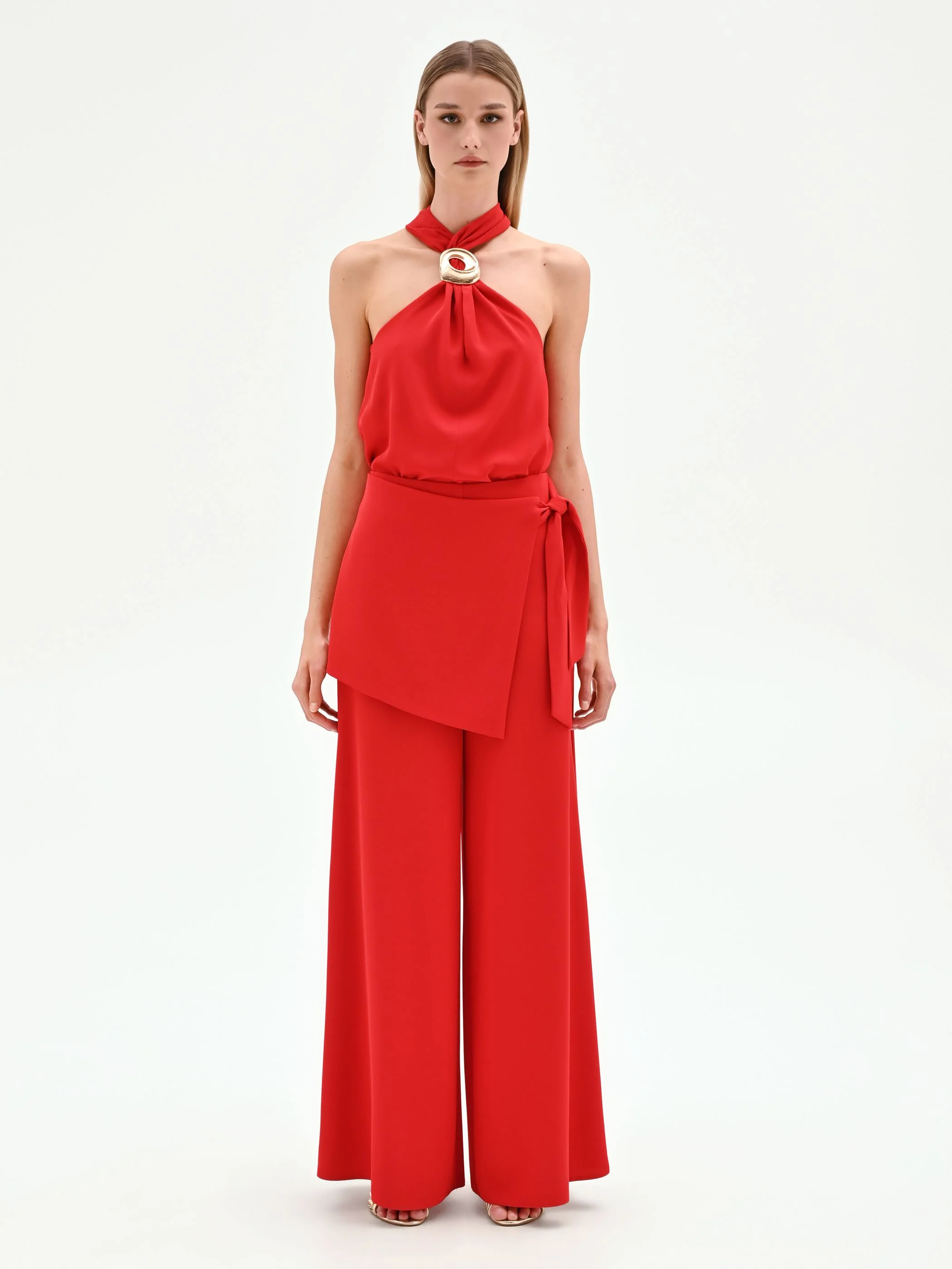Pantalone rosso a palazzo con dettaglio a portafoglio - Image 3