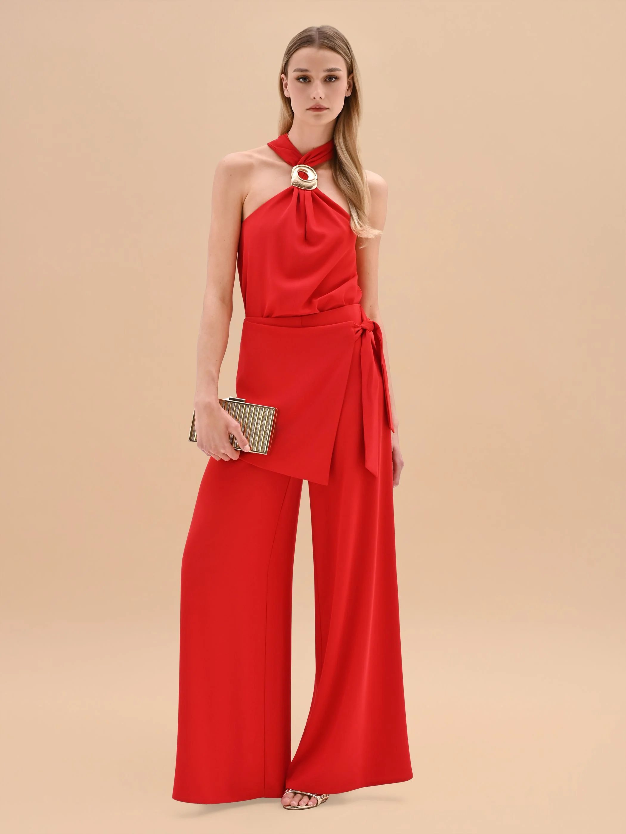 Pantalone rosso a palazzo con dettaglio a portafoglio - Image 7