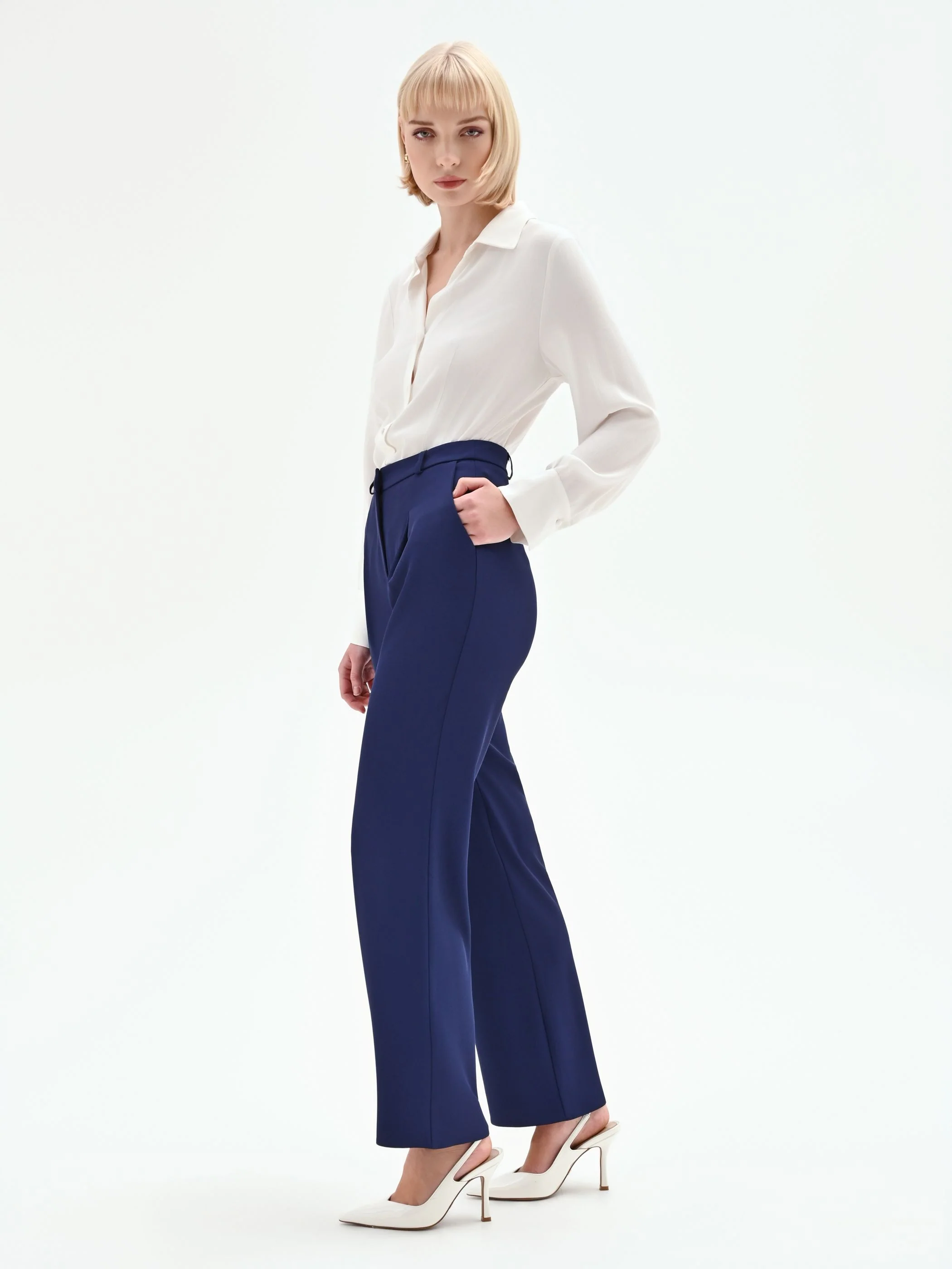 Pantalone Studio con pinces e vita alta in cadi blu indaco - Image 2