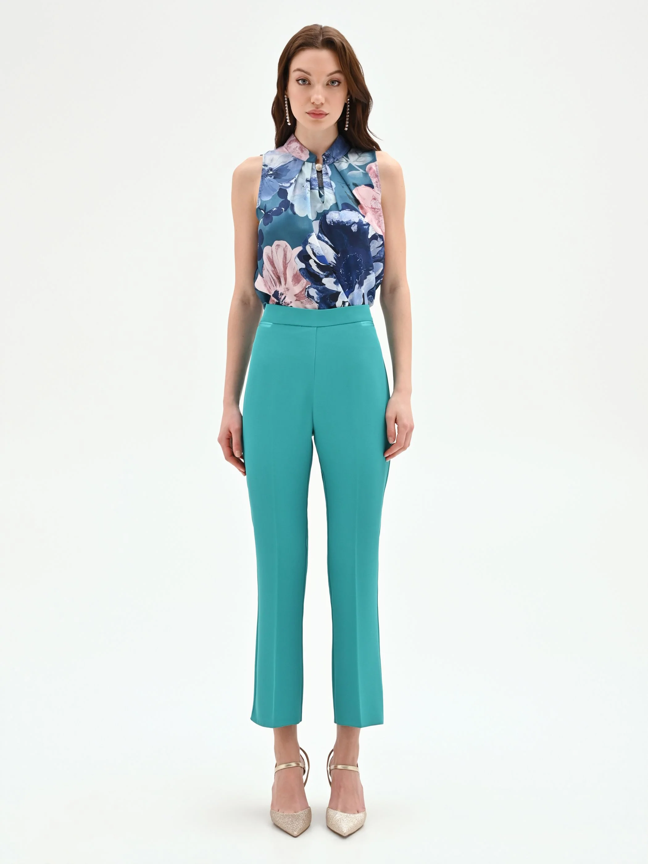 Pantalone turchese slim azzurro a vita alta