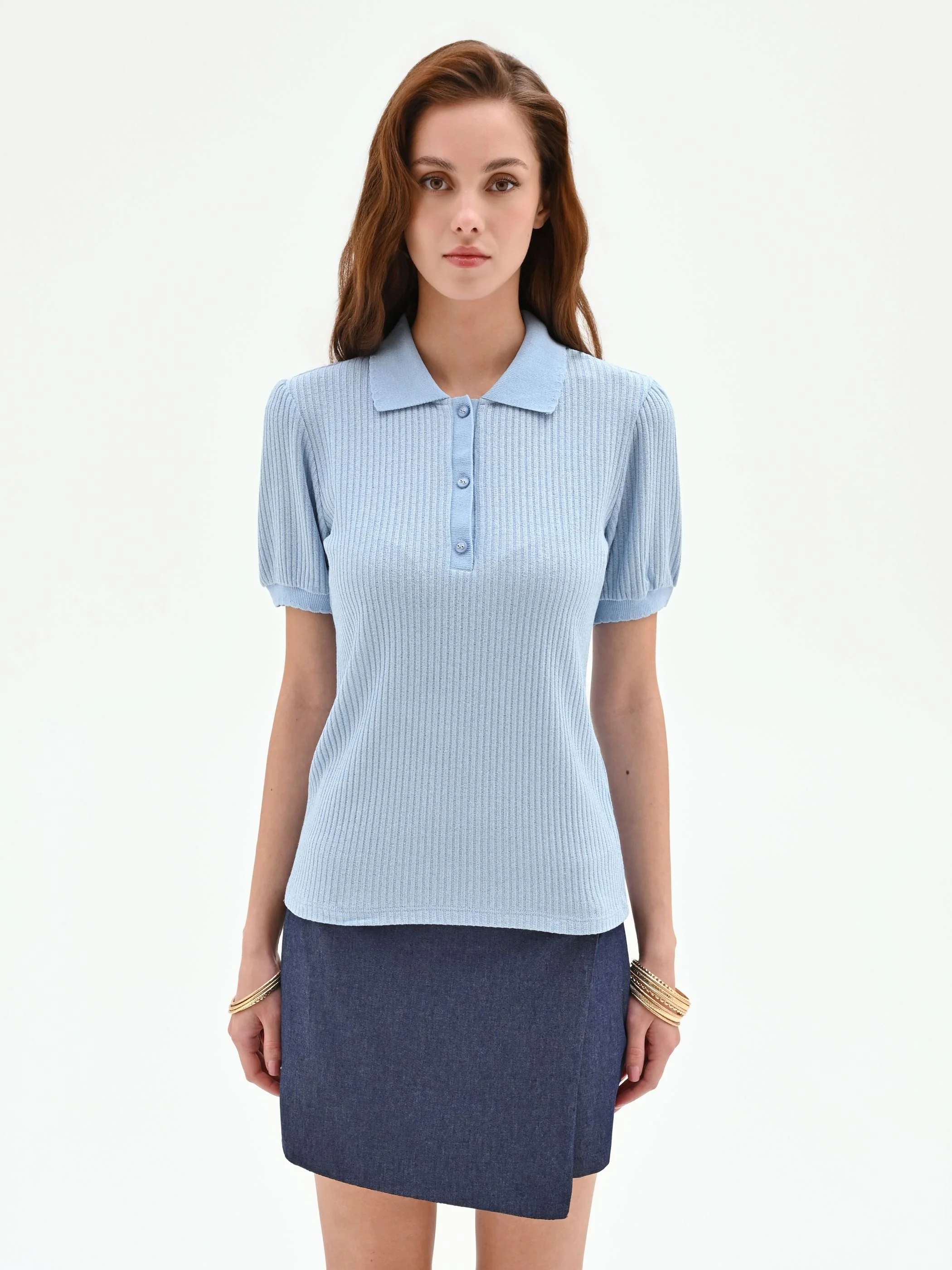 Polo azzurra in maglia a costine - Image 3