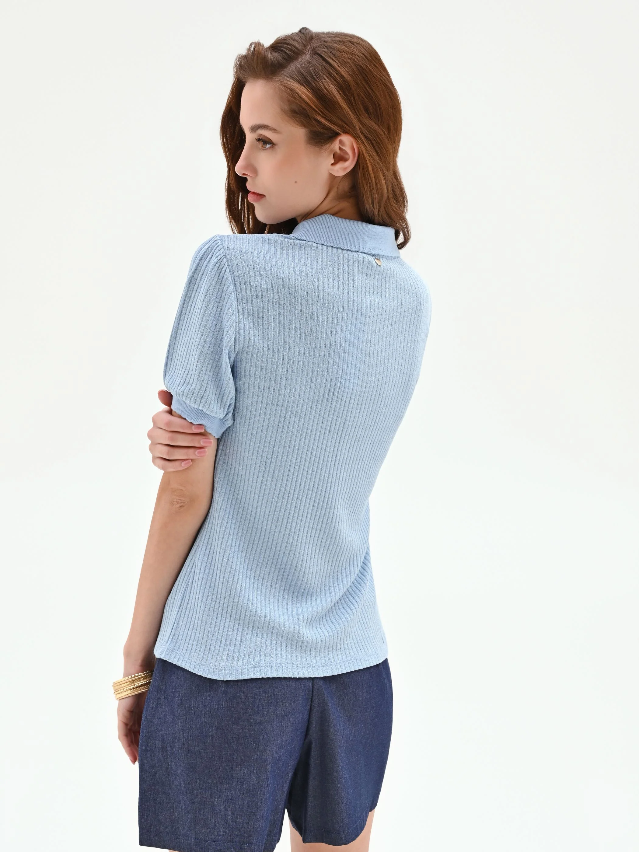Polo azzurra in maglia a costine - Image 4