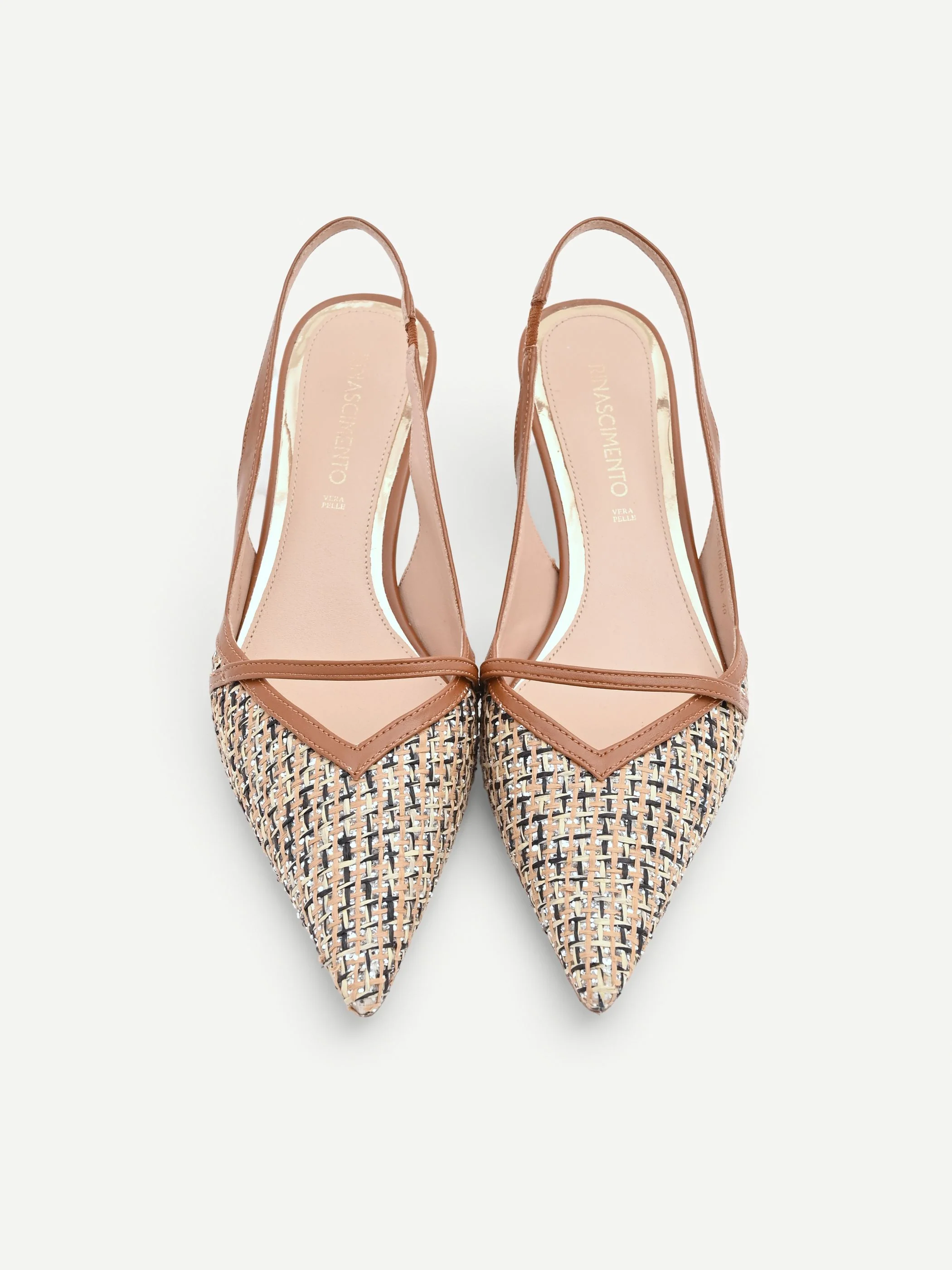 Slingback marrone cuoio con intreccio e paillettes