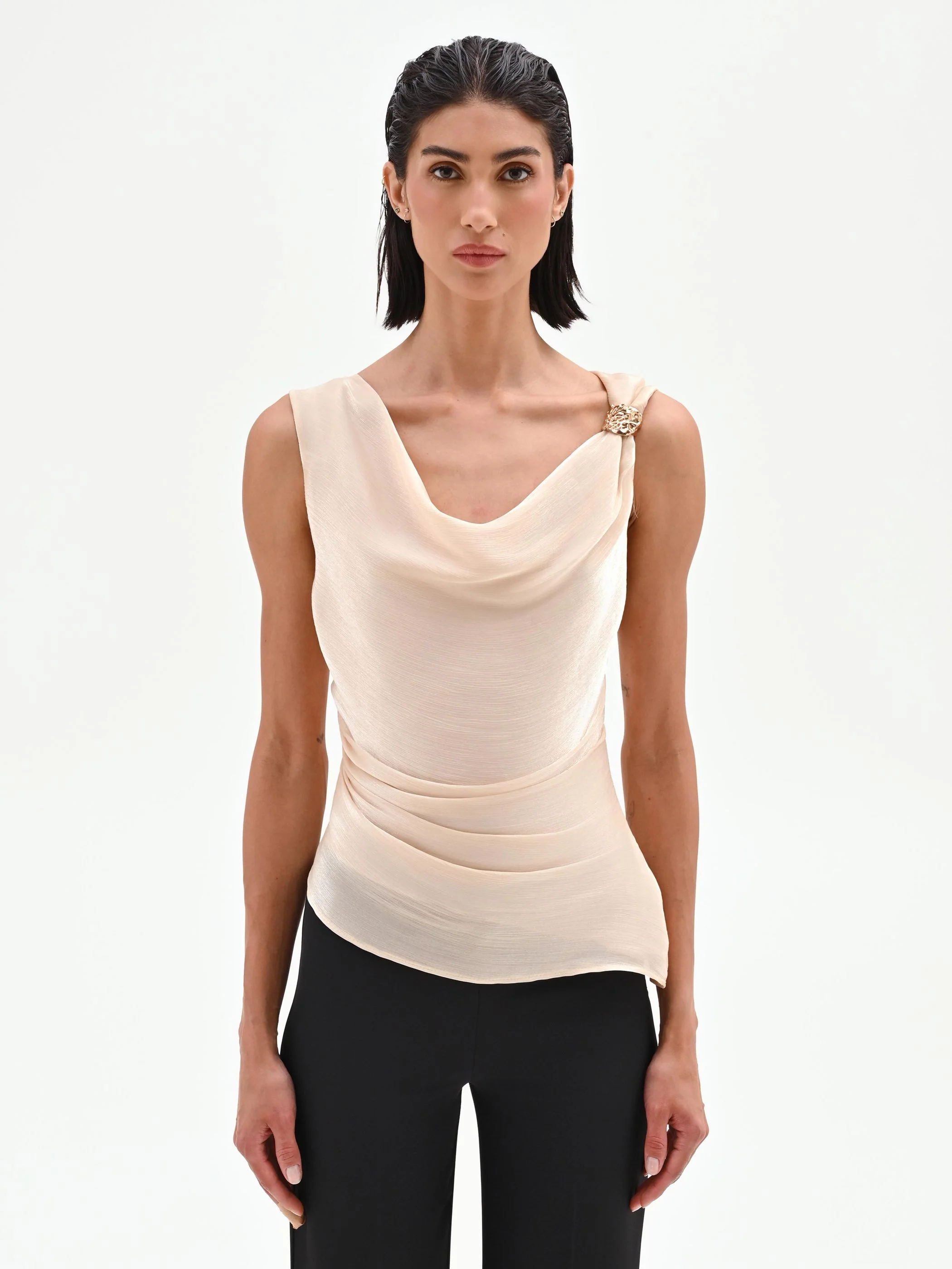 Top beige chiaro drappeggiato in tessuto cangiante - Image 2