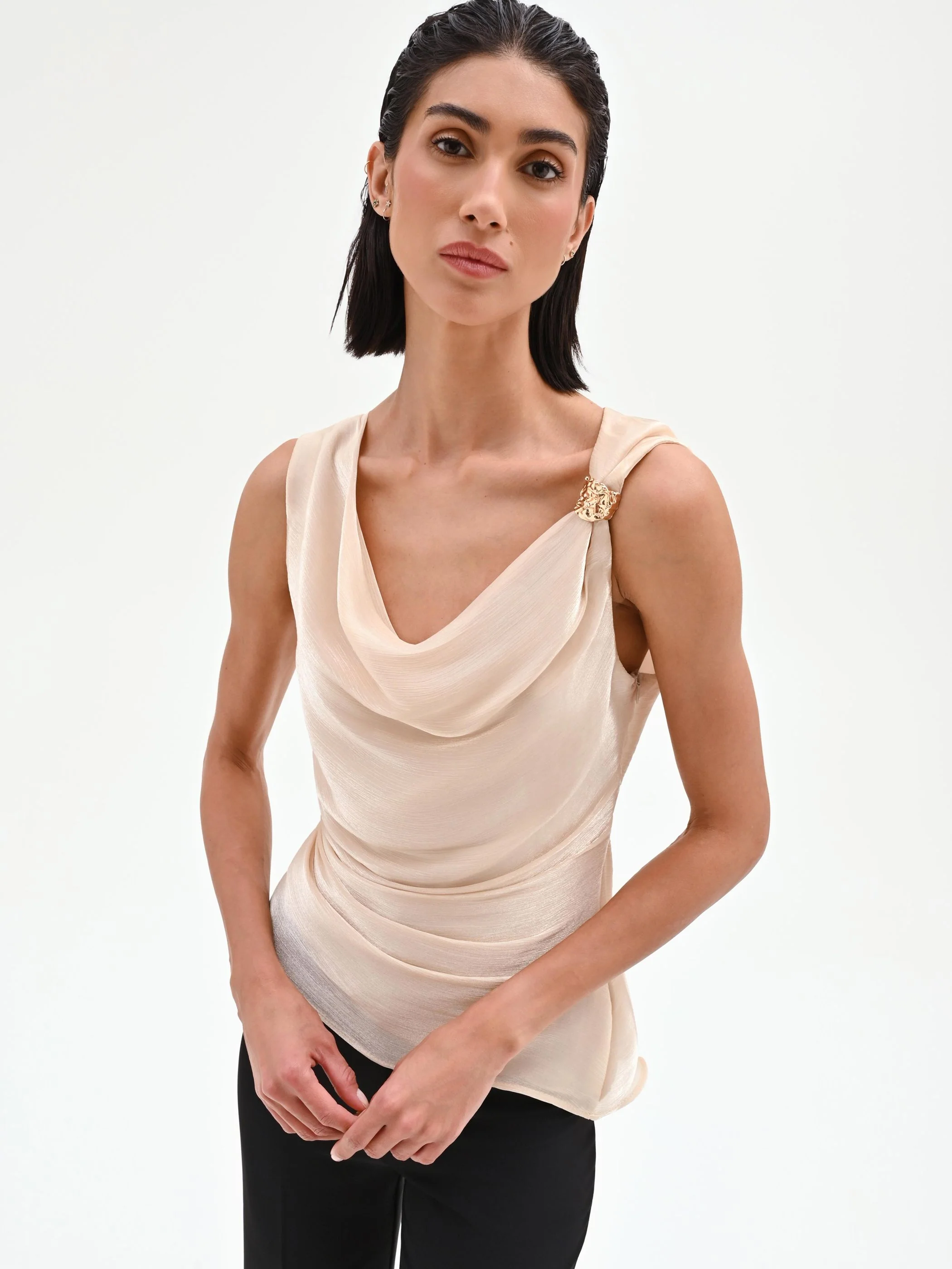 Top beige chiaro drappeggiato in tessuto cangiante - Image 6