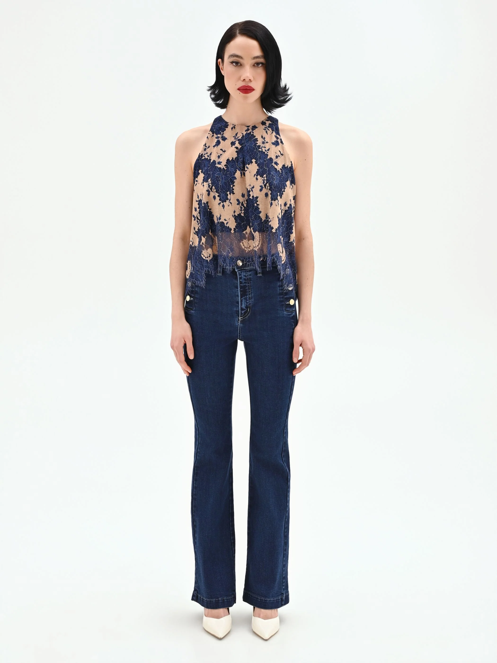 Top blu in pizzo macramè bicolore