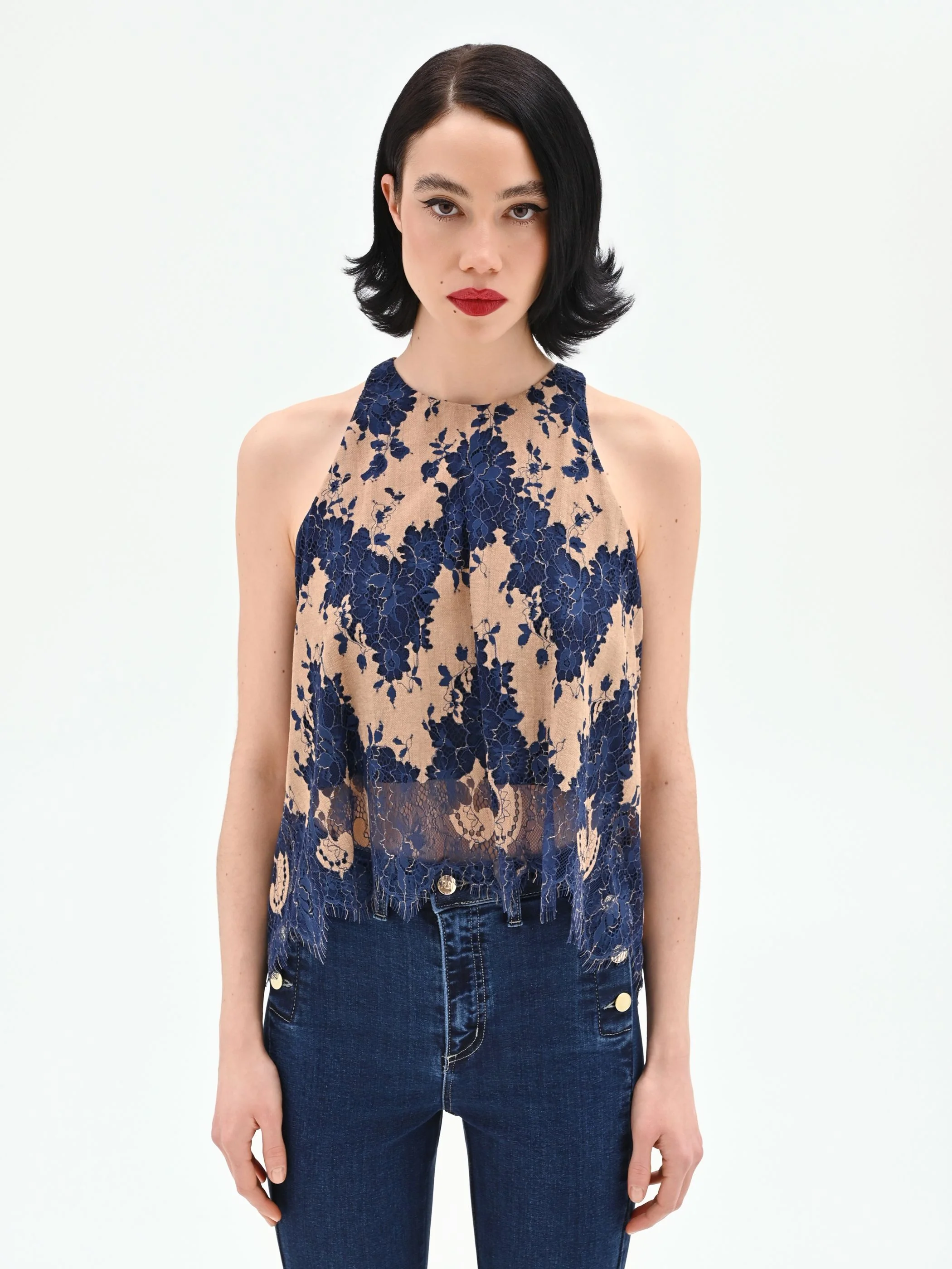 Top blu in pizzo macramè bicolore - Image 2