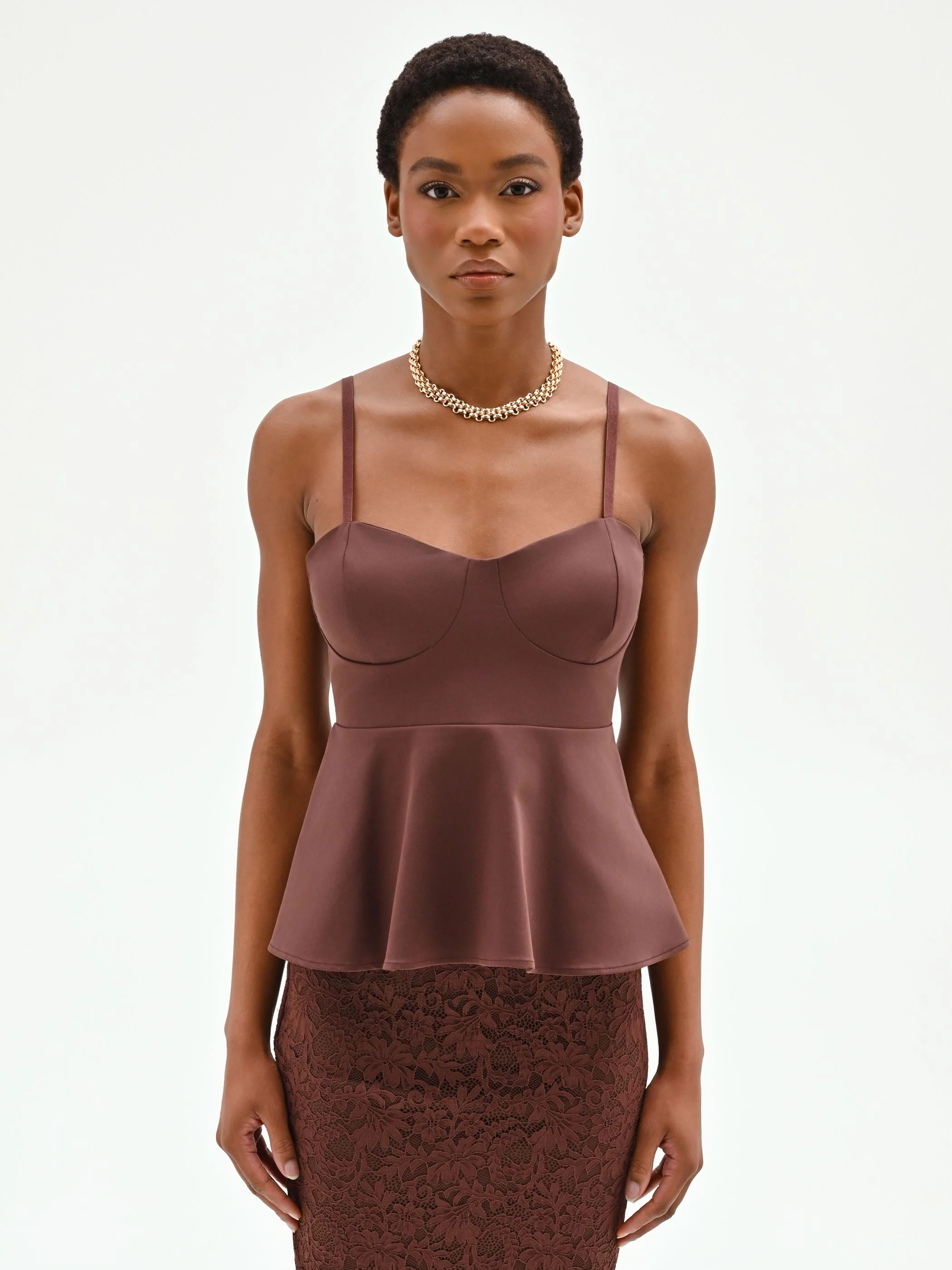 Top bustier in cotone color cioccolato con baschina - Image 2