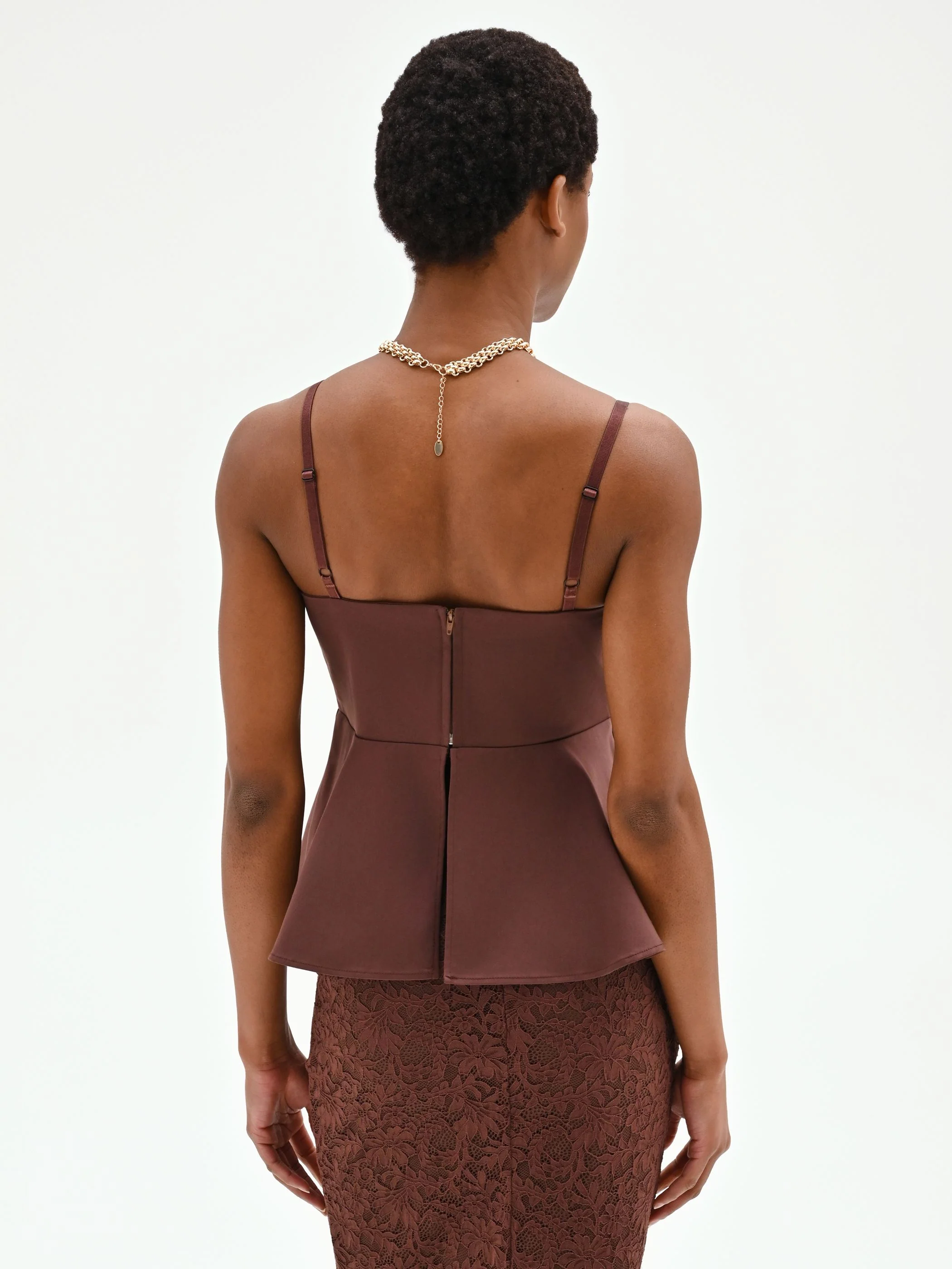 Top bustier in cotone color cioccolato con baschina - Image 3