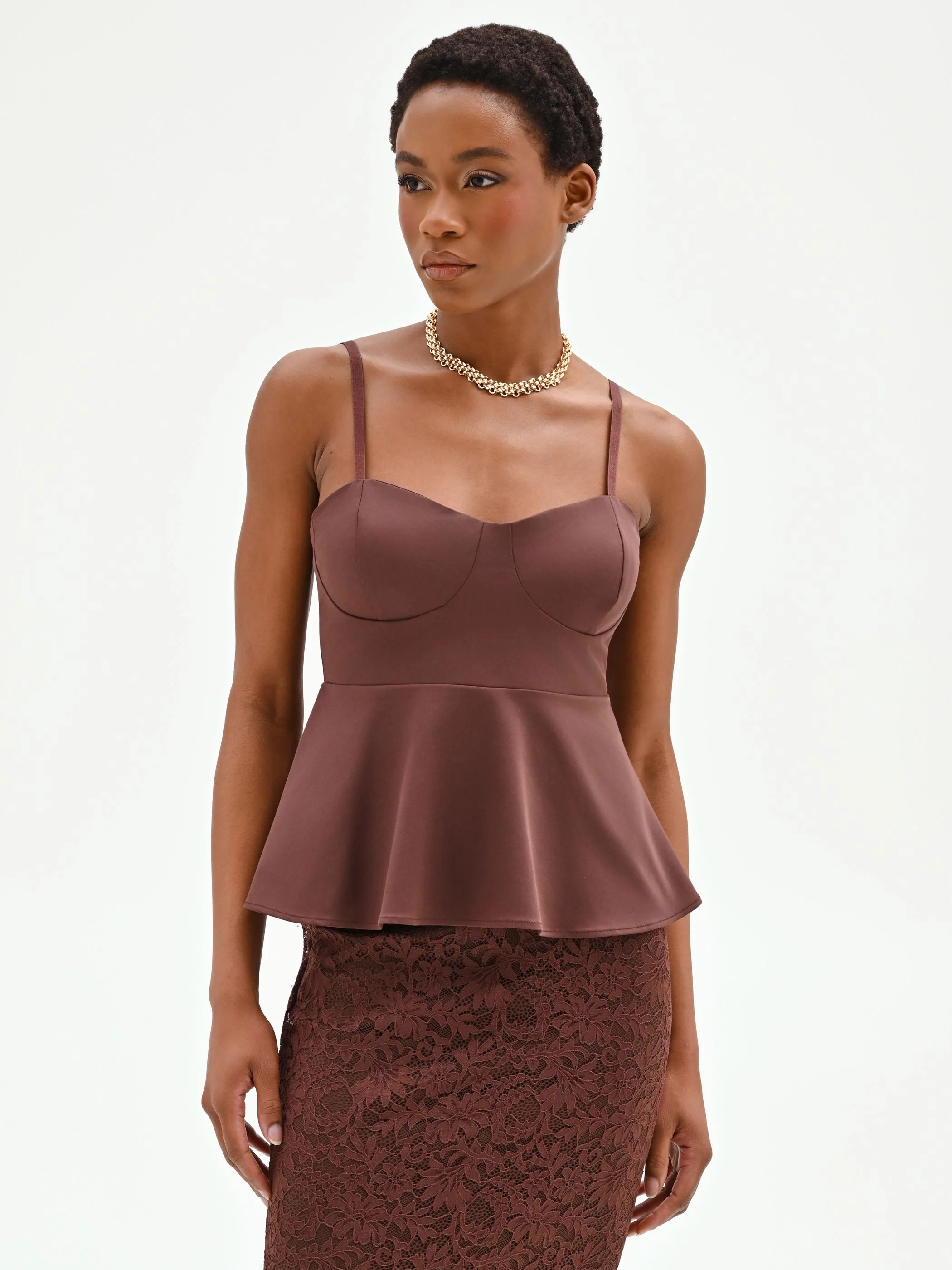 Top bustier in cotone color cioccolato con baschina - Image 5