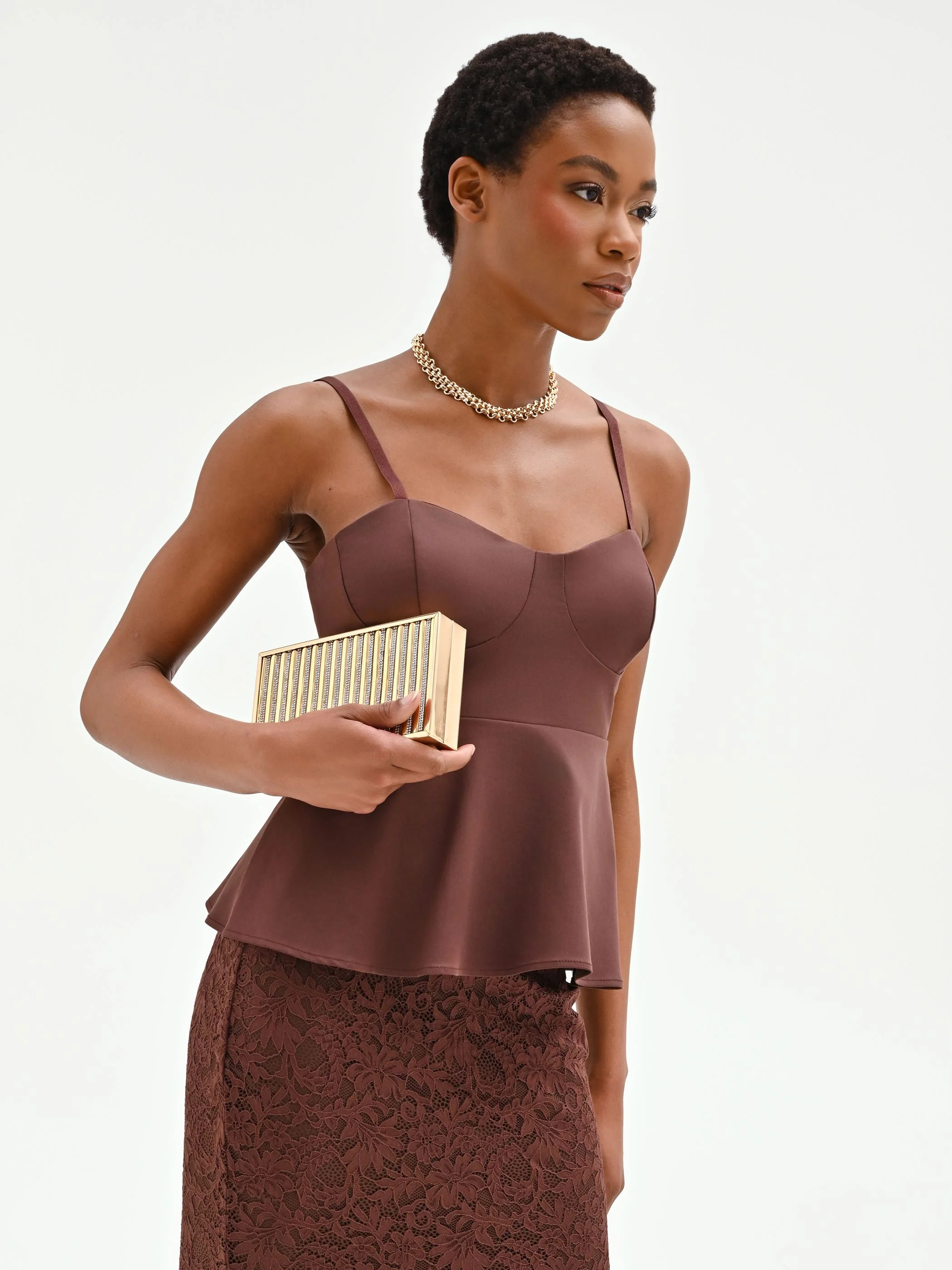 Top bustier in cotone color cioccolato con baschina - Image 7