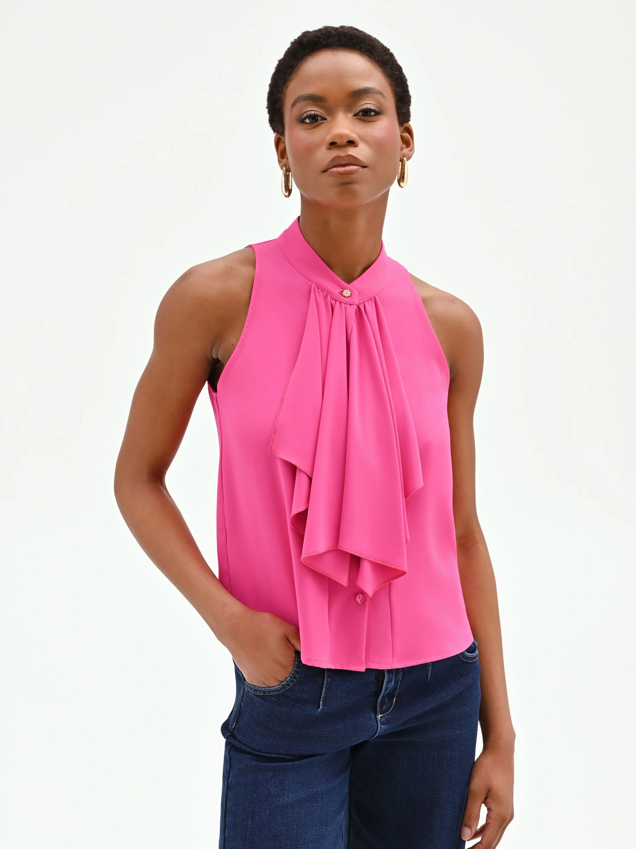 Top fuxia in georgette con rouche a cascata - Image 4