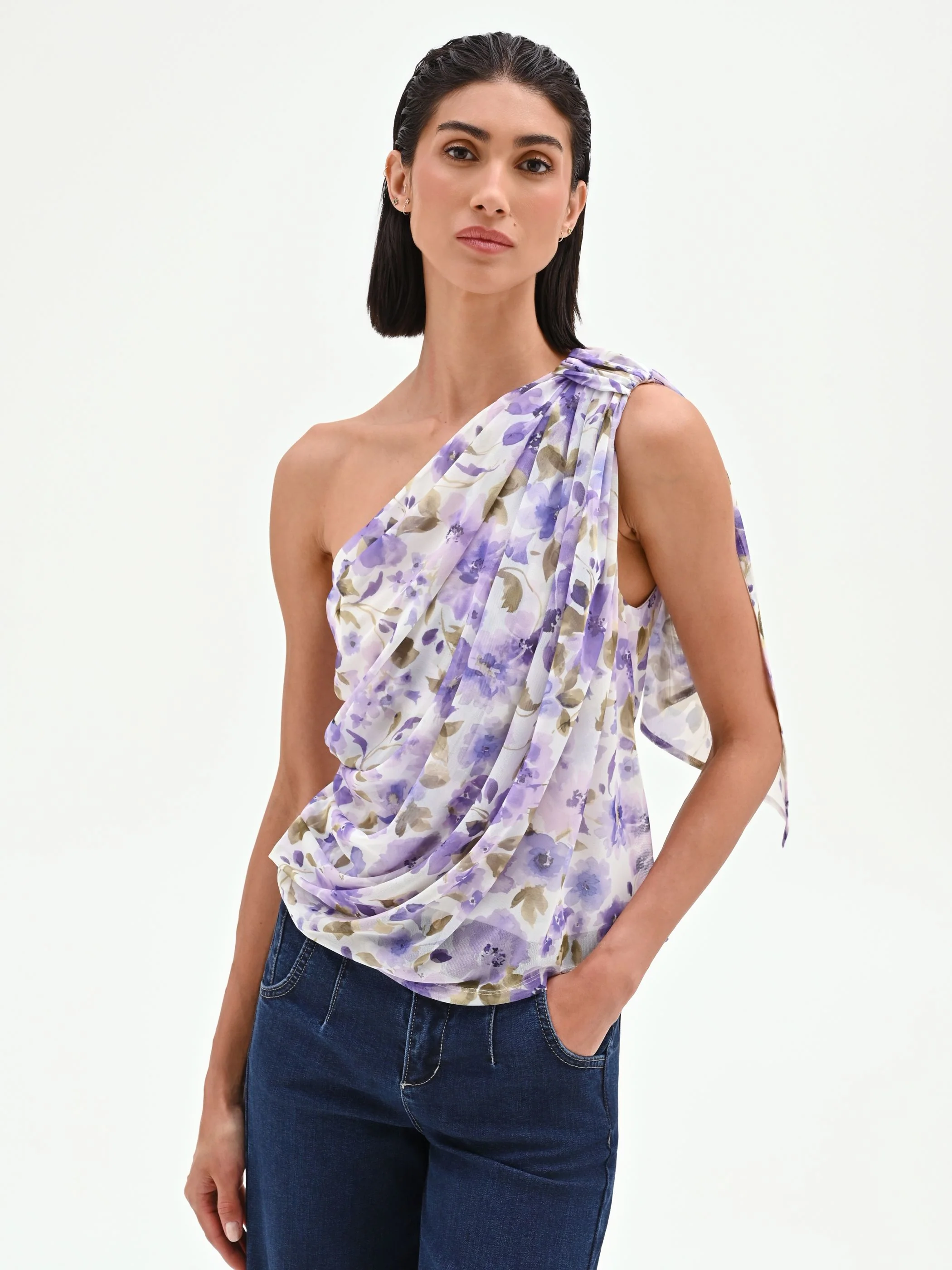 Top monospalla viola lilla con stampa floreale - Image 5