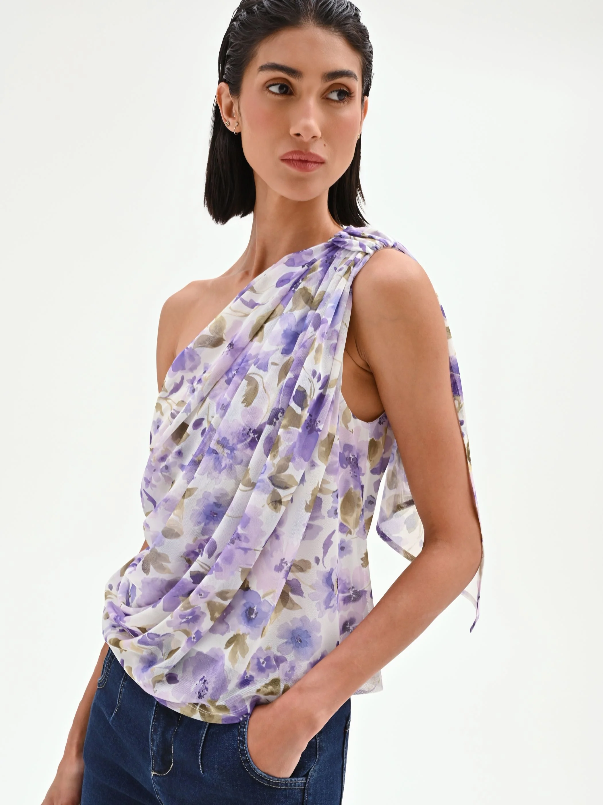 Top monospalla viola lilla con stampa floreale - Image 6
