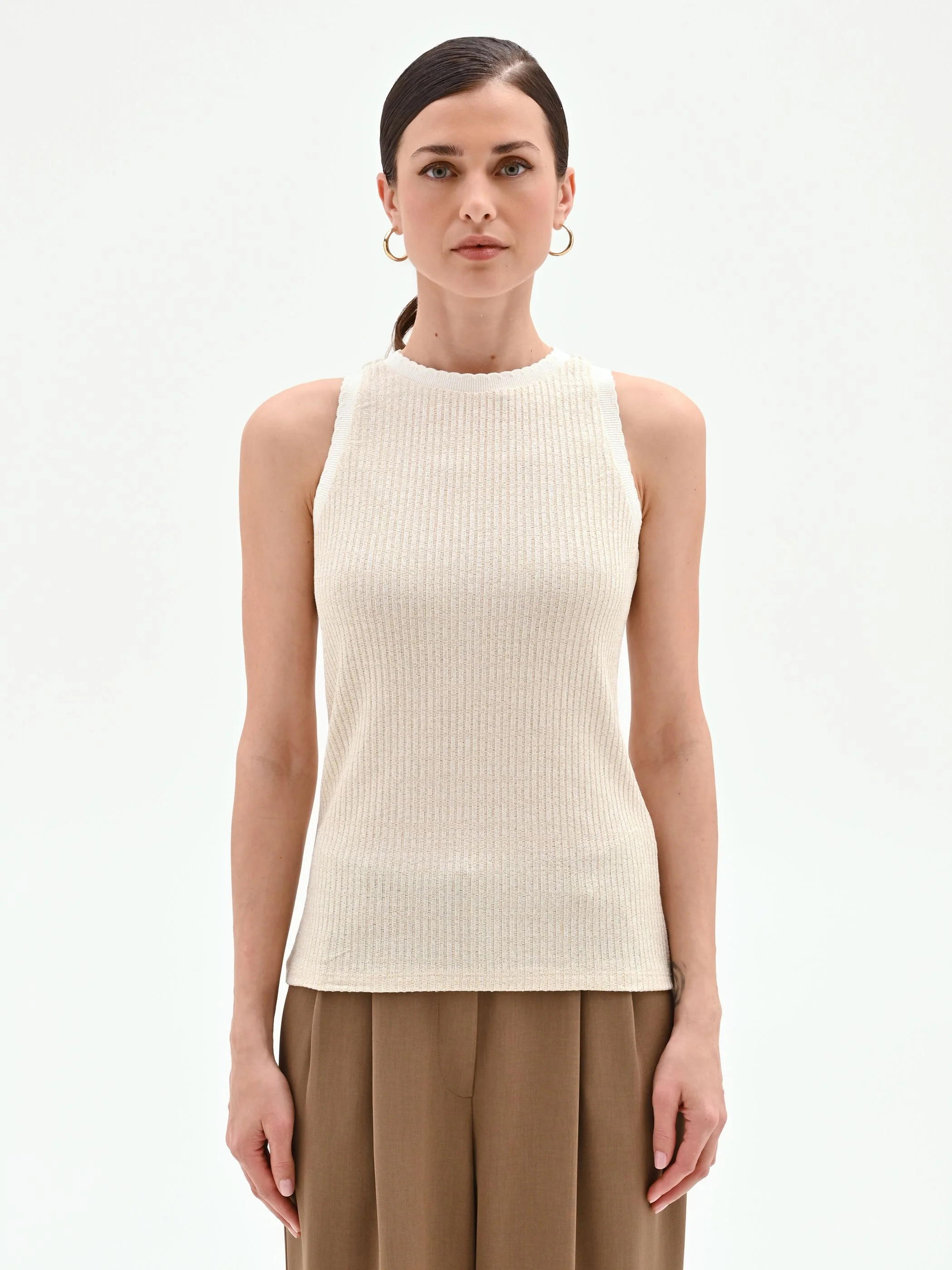 Top oro in maglia a costine con orli smerlati - Image 4