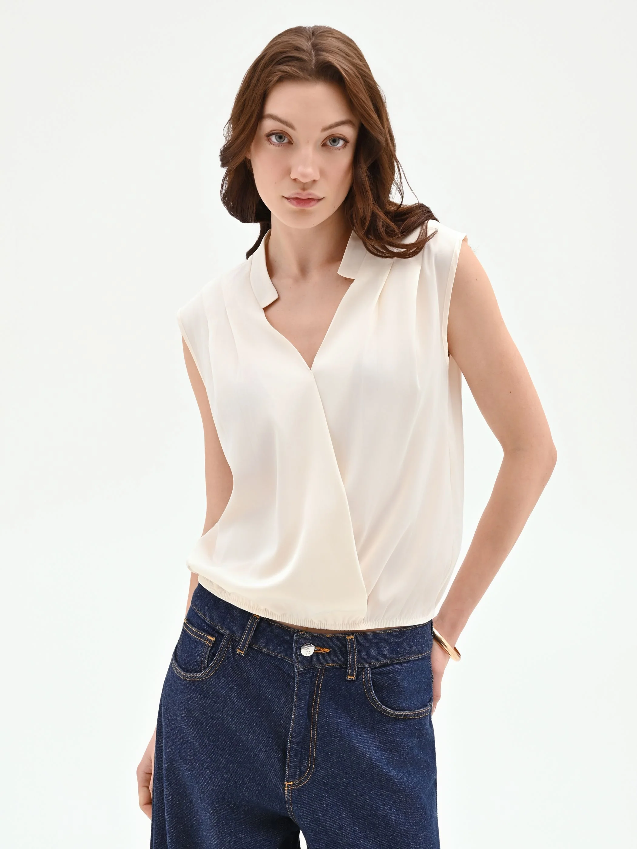 Top panna bianco in tweed stile gilet - Image 3