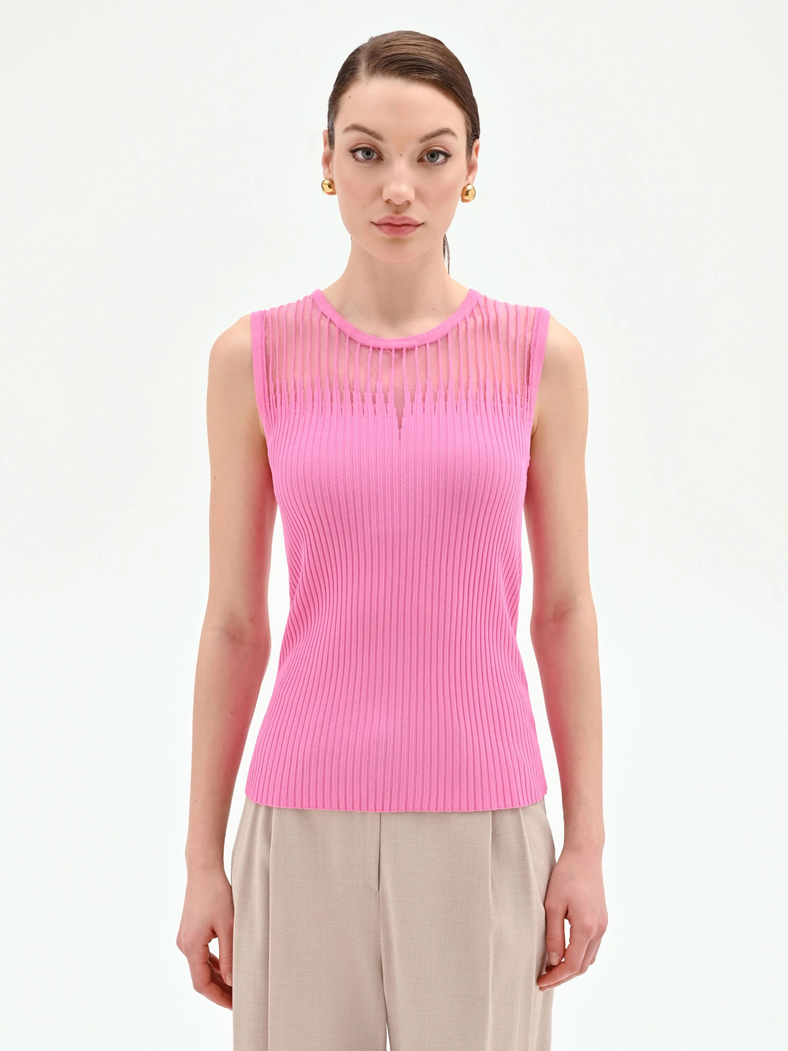 Top rosa in maglia a costine con inserto a righe - Image 2