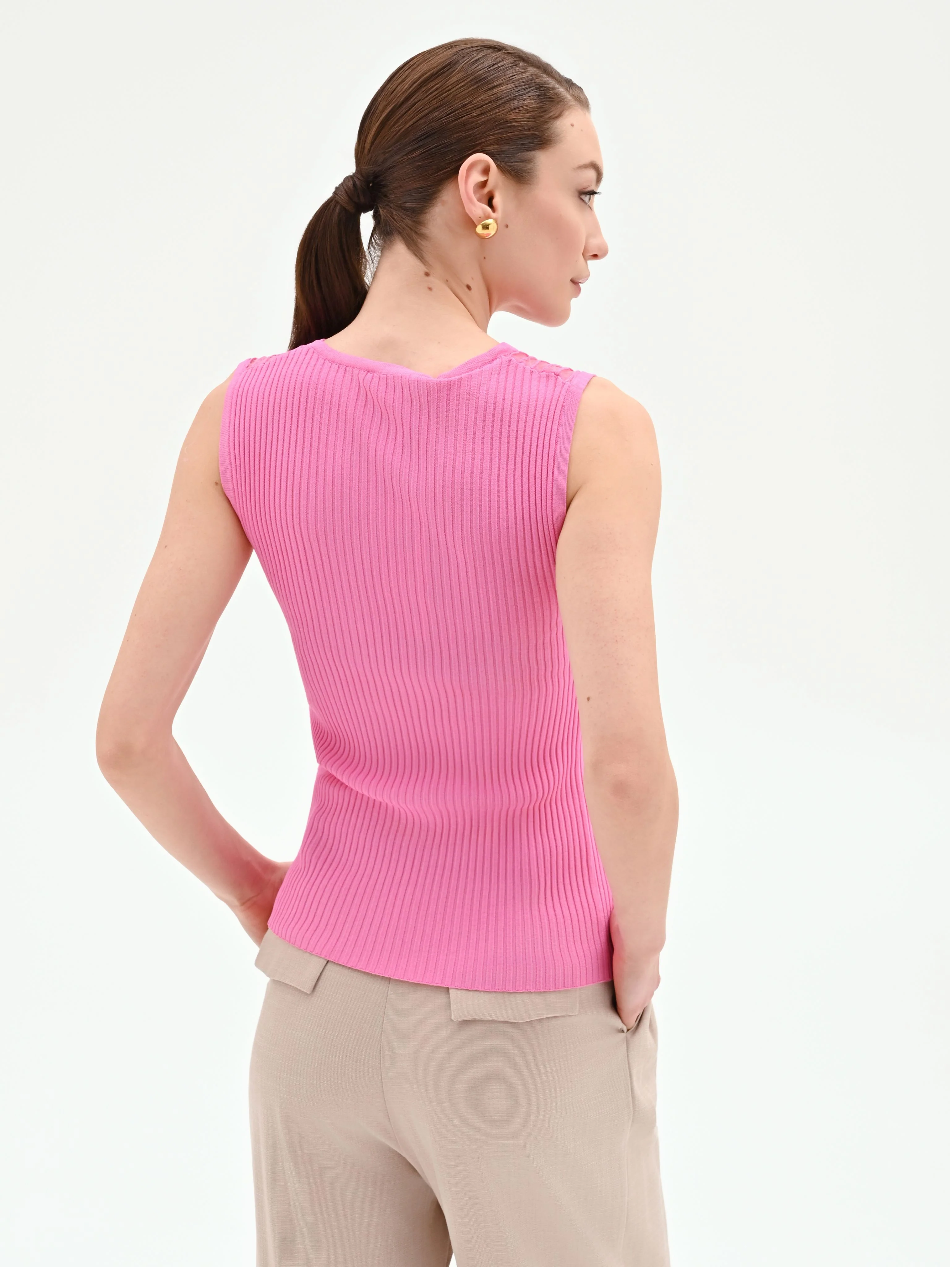 Top rosa in maglia a costine con inserto a righe - Image 3