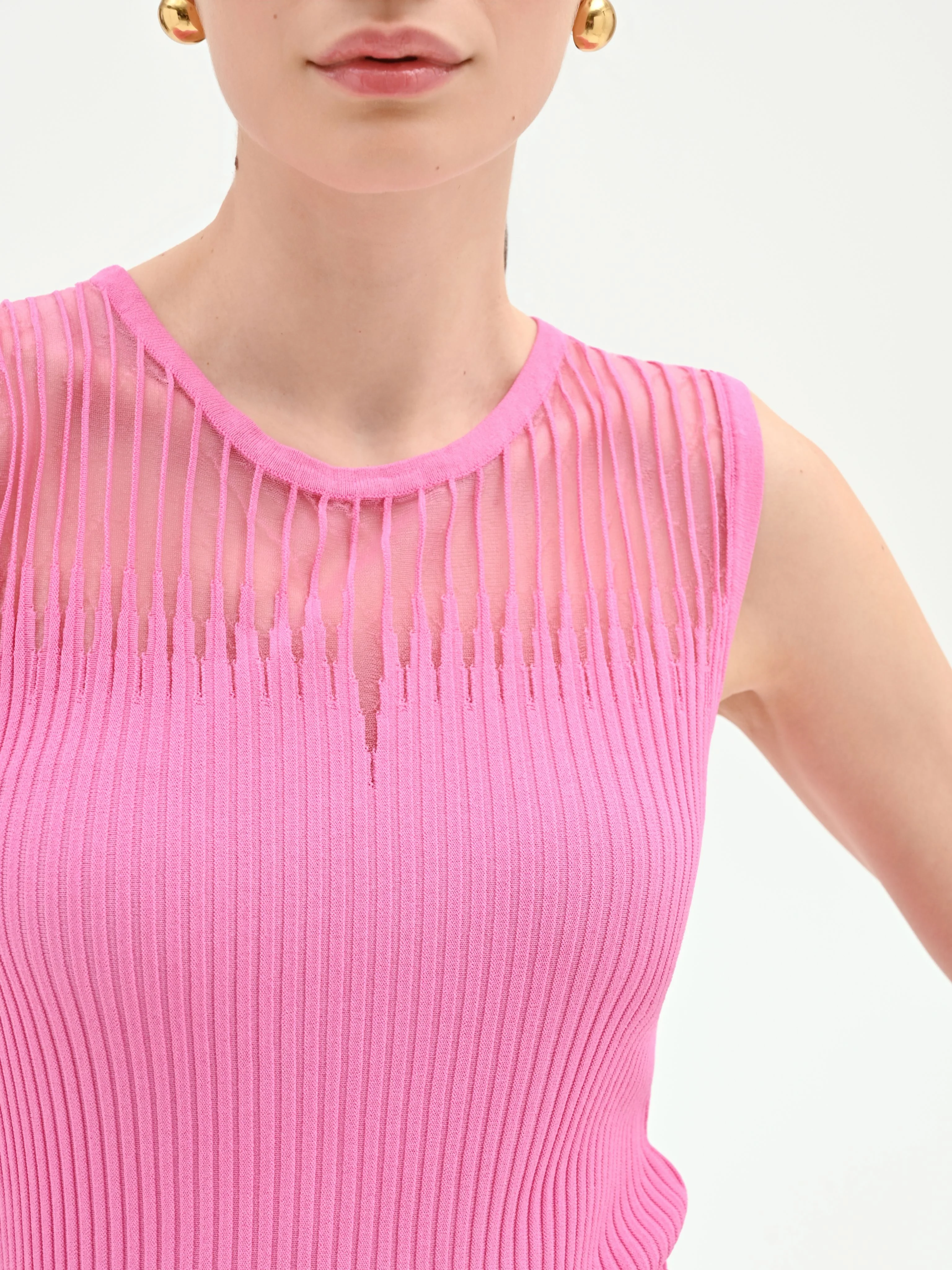 Top rosa in maglia a costine con inserto a righe - Image 5