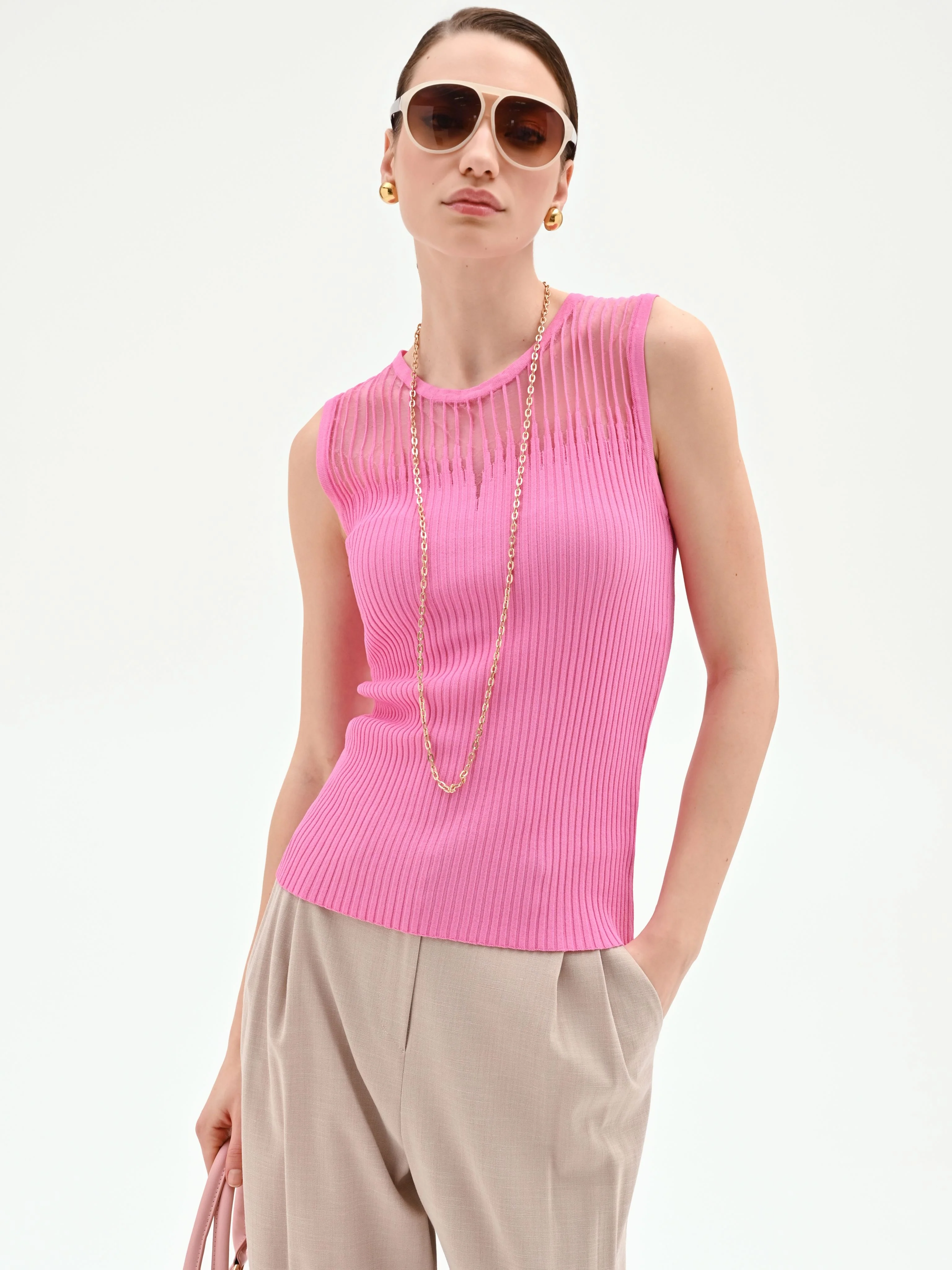 Top rosa in maglia a costine con inserto a righe - Image 6