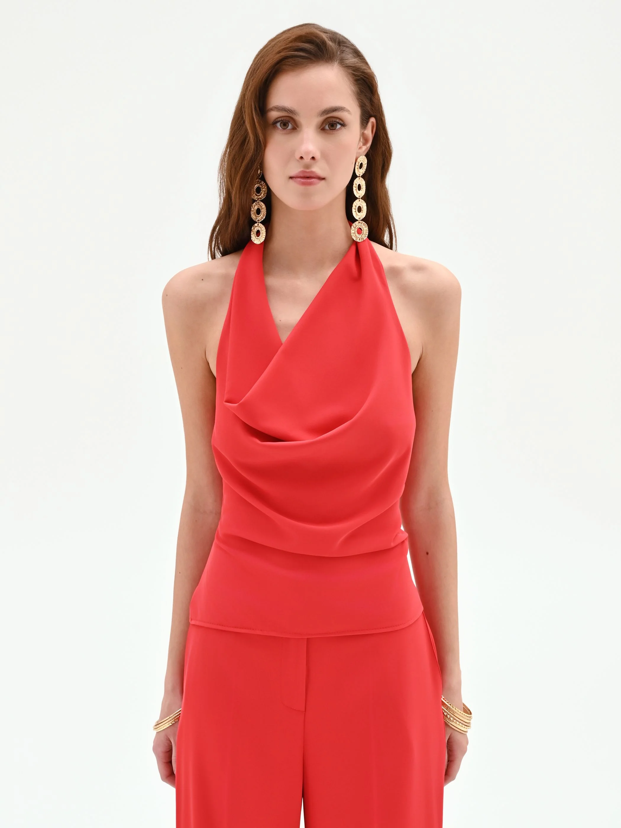 Top rosso fragola in cadi con scollo drappeggiato - Image 2