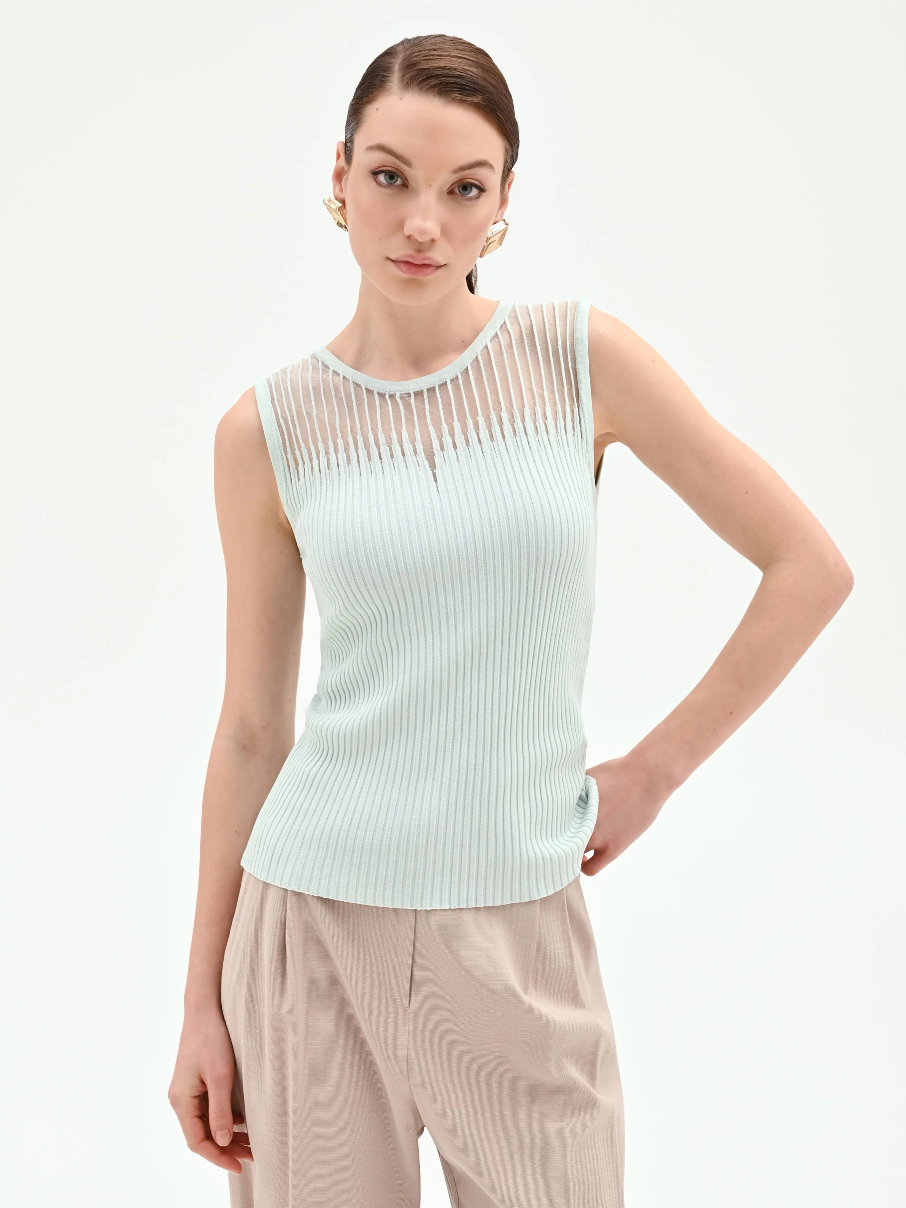 Top verde menta in maglia a costine - Image 5