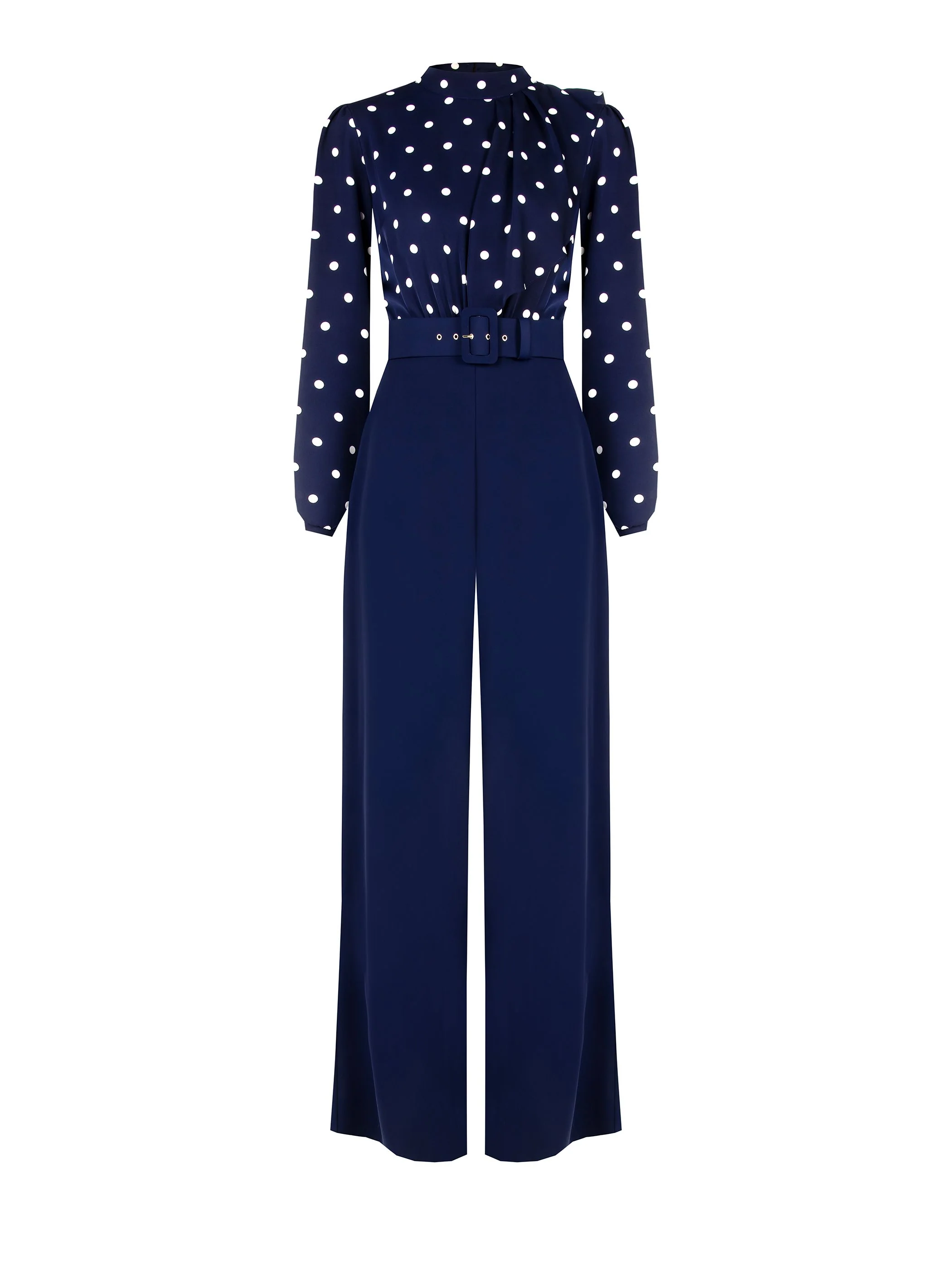 Tuta blu con blusa a pois e collo foulard - Image 5