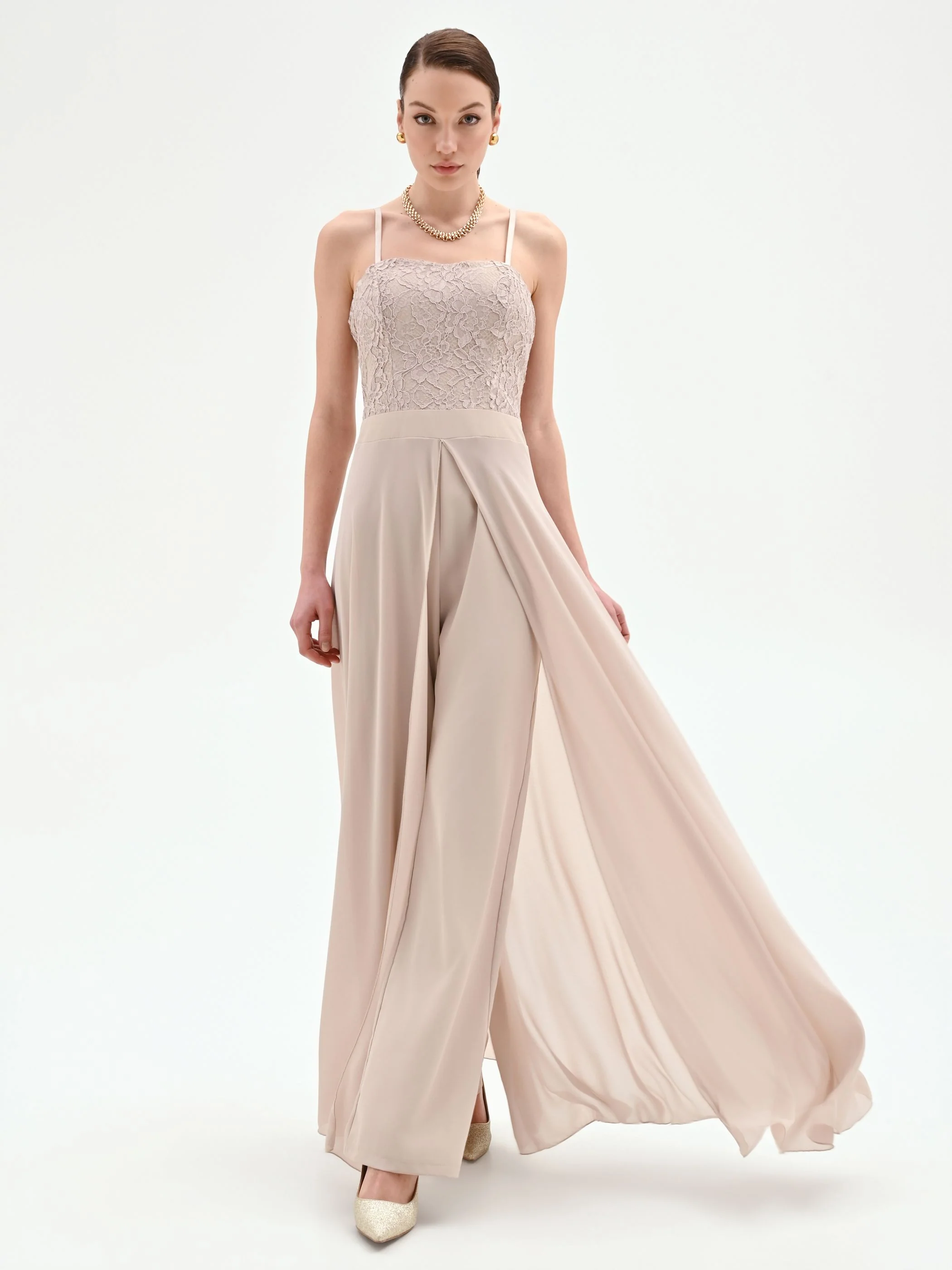Tuta con corpetto in pizzo e pantaloni palazzo tortora beige - Image 4
