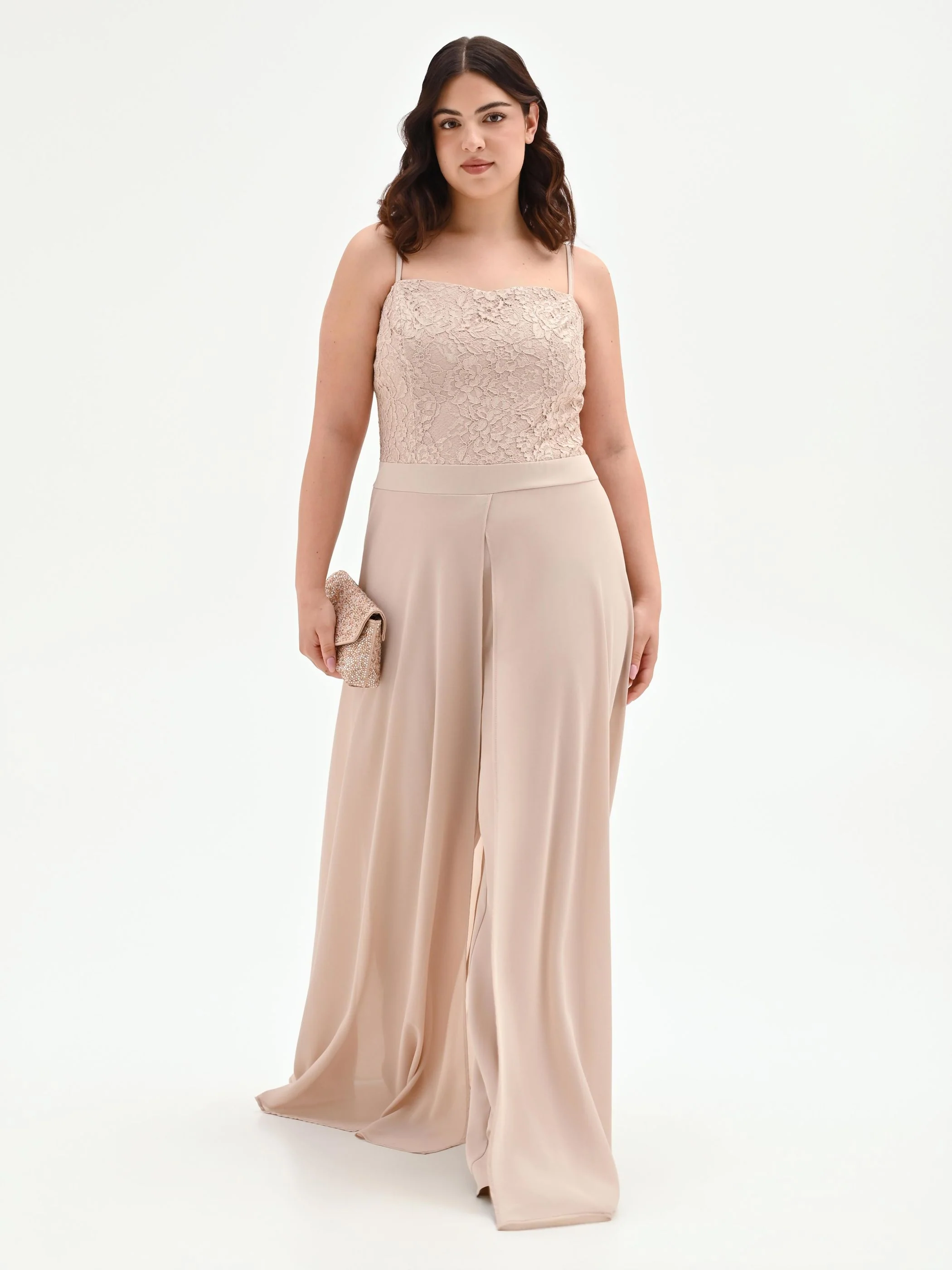 Tuta Curvy tortora beige con corpetto in pizzo - Image 5