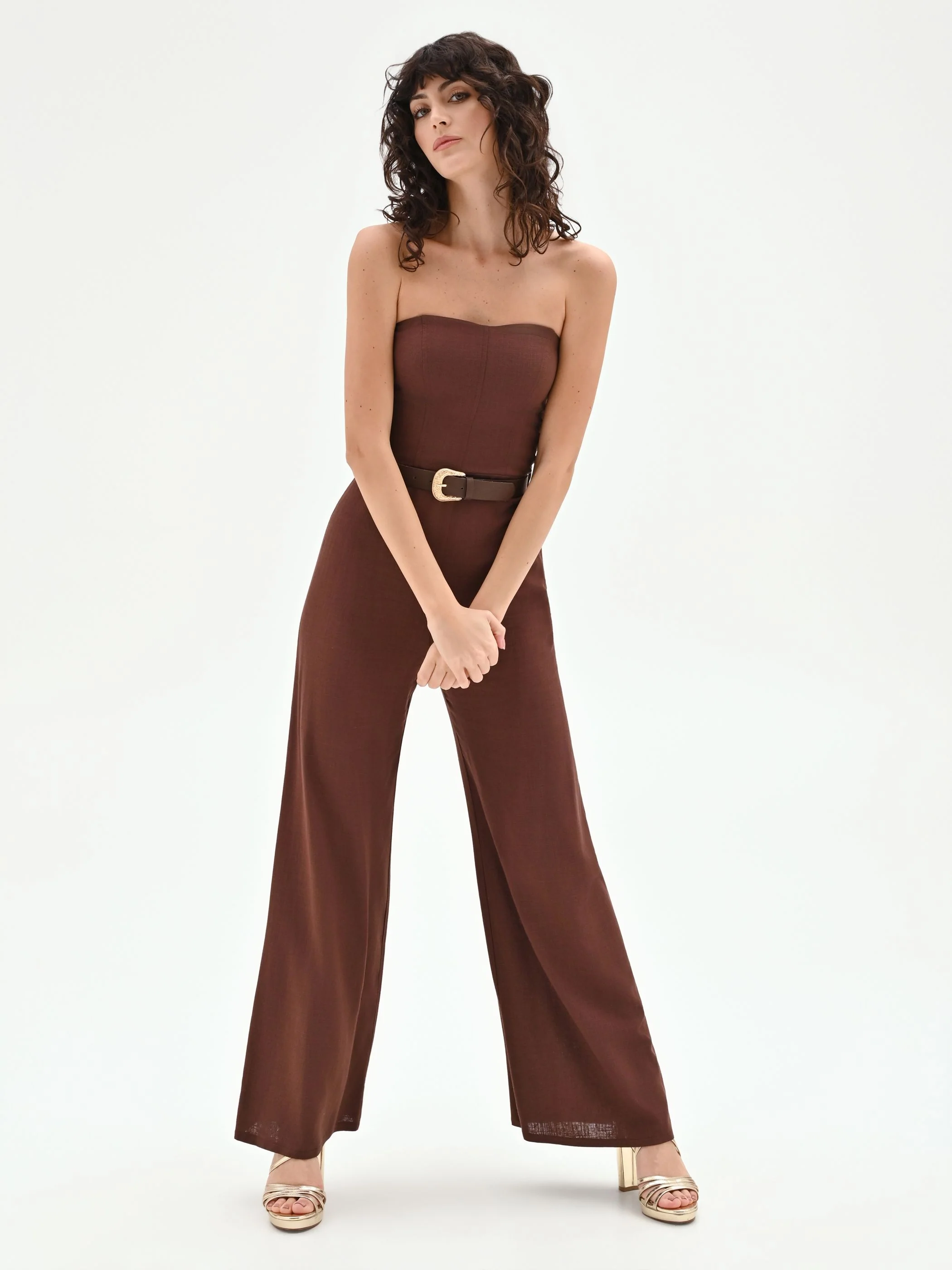 Tuta intera marrone con pantalone a palazzo - Image 4