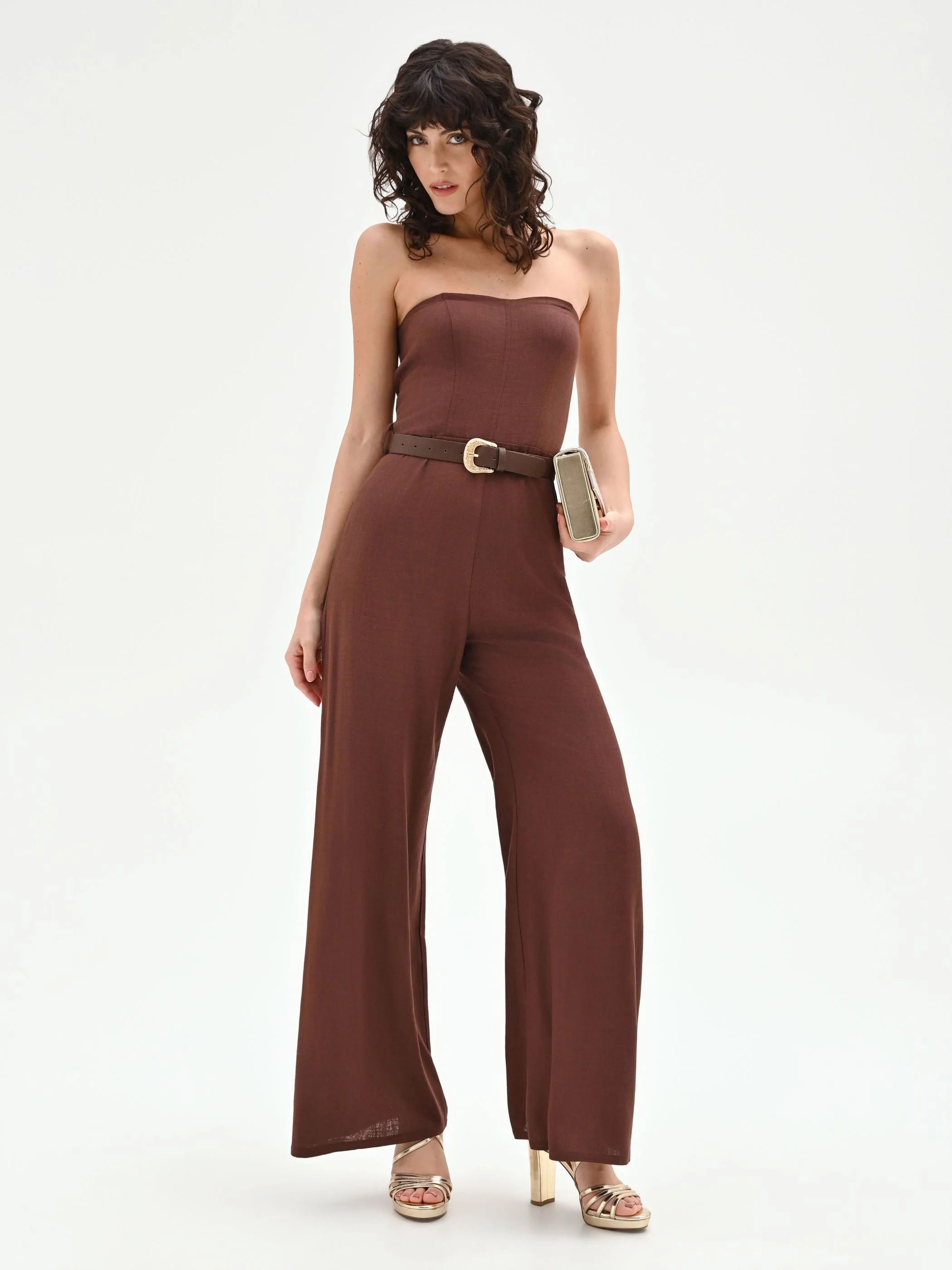 Tuta intera marrone con pantalone a palazzo - Image 6